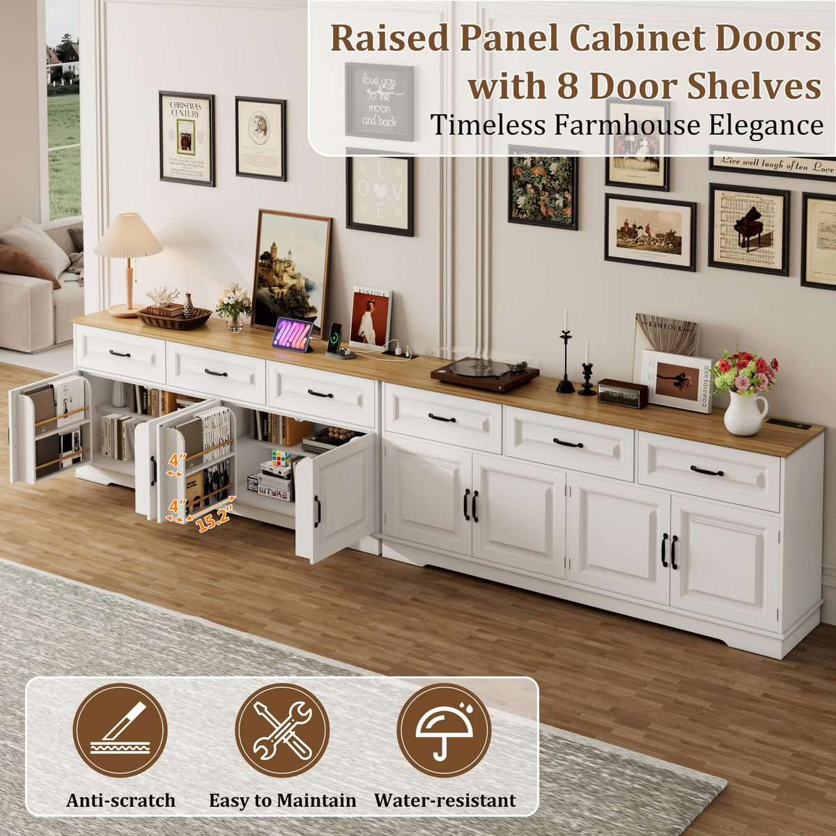 White Farmhouse Sideboard with Power Outlets