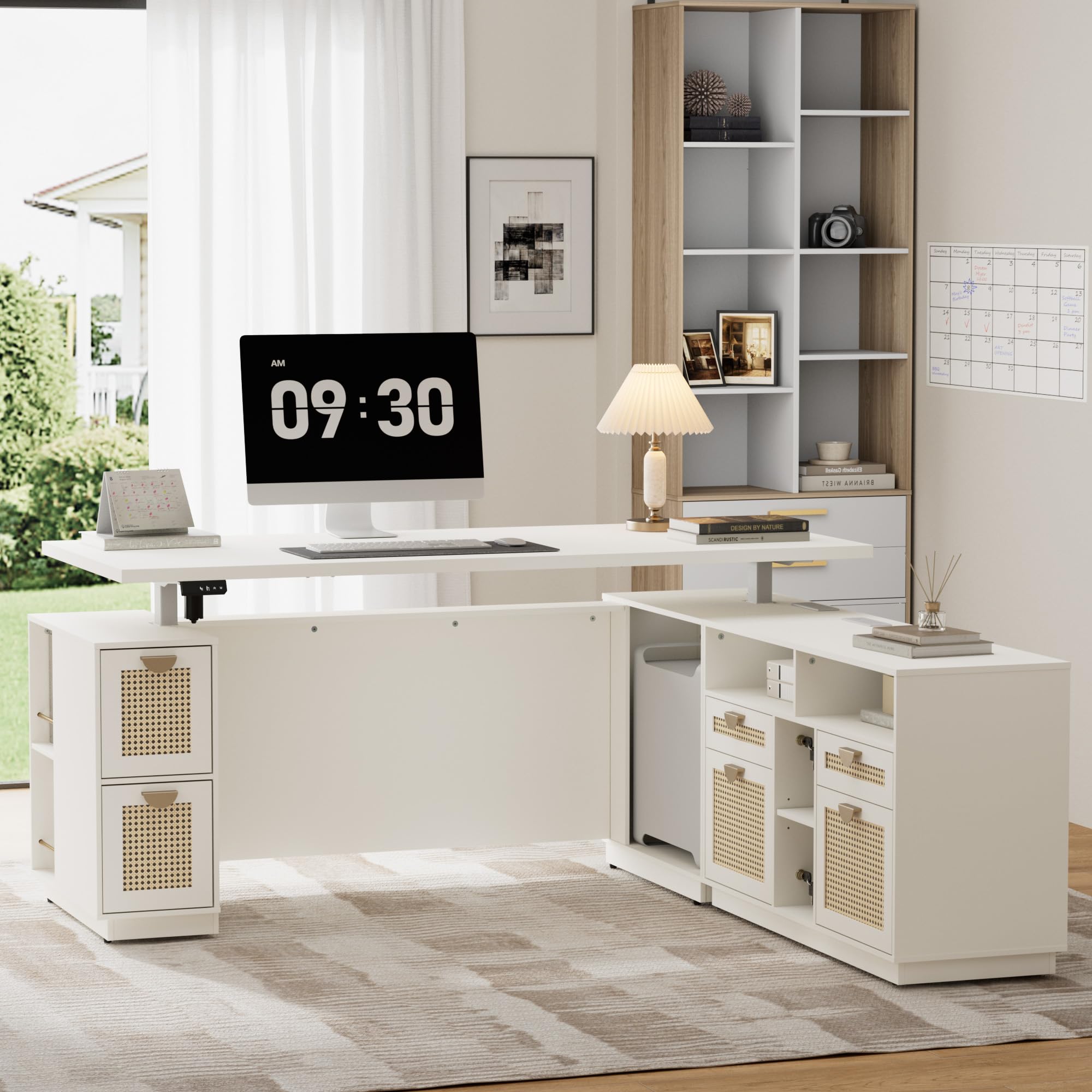 Electric Standing L-Shaped Executive Desk with File Cabinet