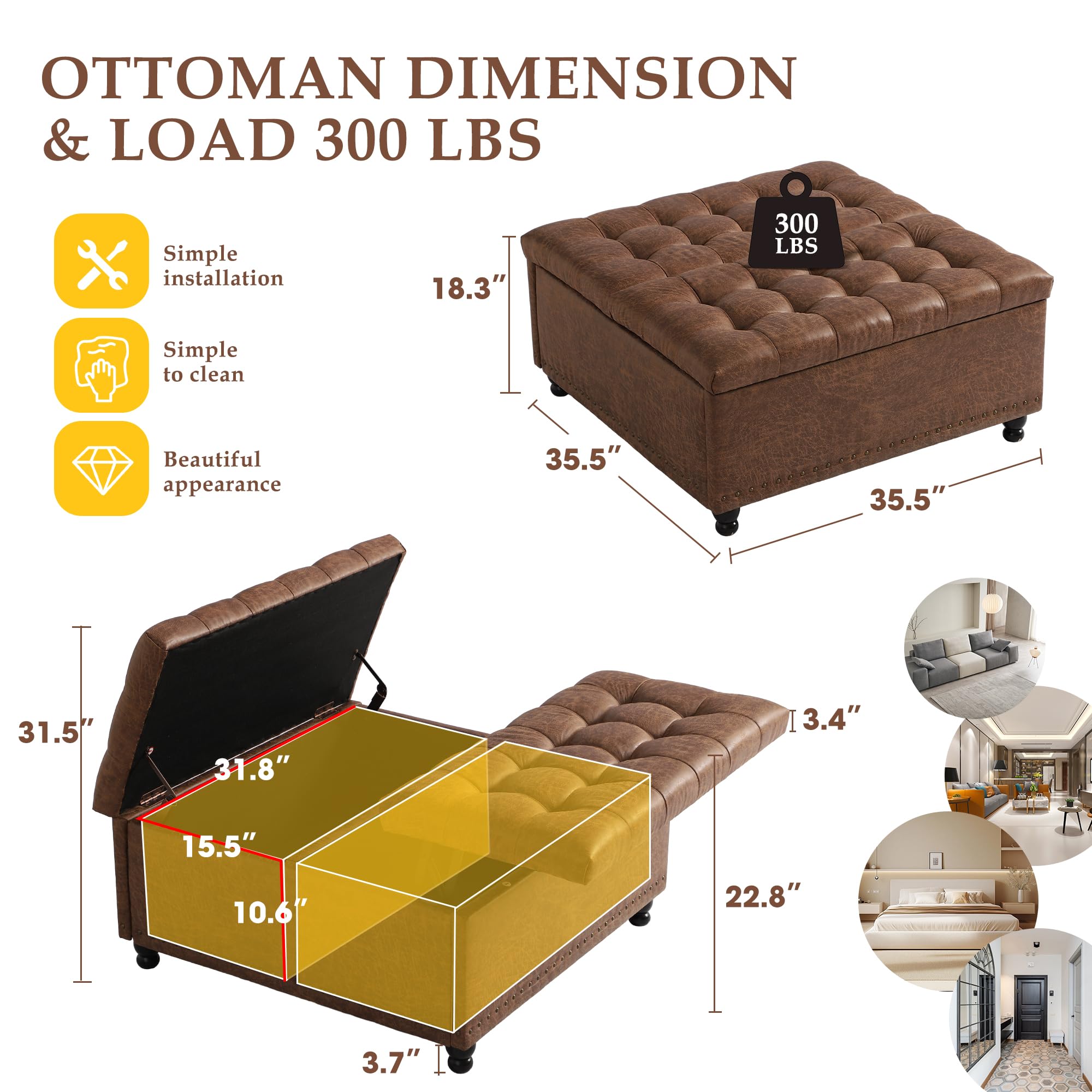 UTOASIS 36" Large Square Ottoman with Storage, Tufted Upholstered Storage Ottoman with Lift Top & Solid Legs for Bedroom Room, Extra Large Coffee Tables Bench for Living Room as Footstool (Brown)