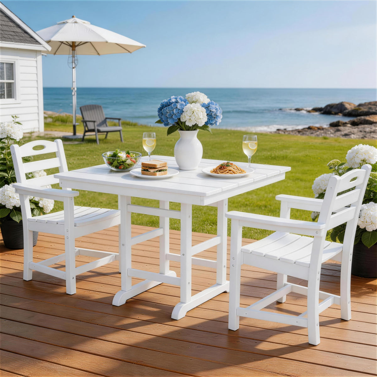 3 Piece Outdoor Patio Dining Set, HDPE 37.8" Square Dining Table with 1.77" Umbrella Hole & 2 Comfortable Armchairs, Heavy Duty Poly Bistro Furniture for Balcony, Porch, Garden, Poolside, White