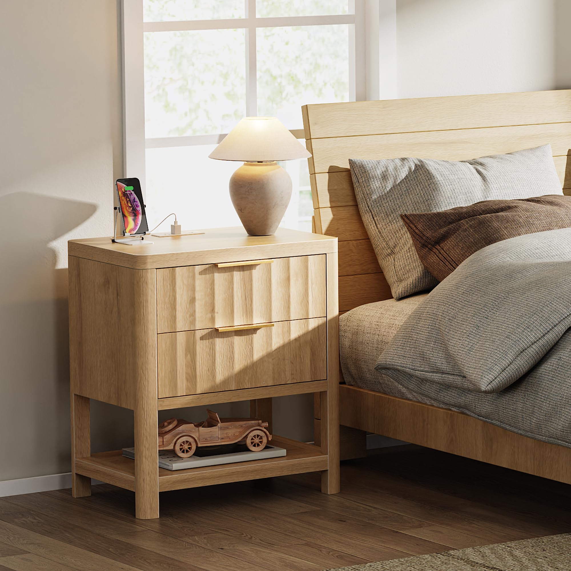 Tall Nightstand with Charging Station & 2 Drawers