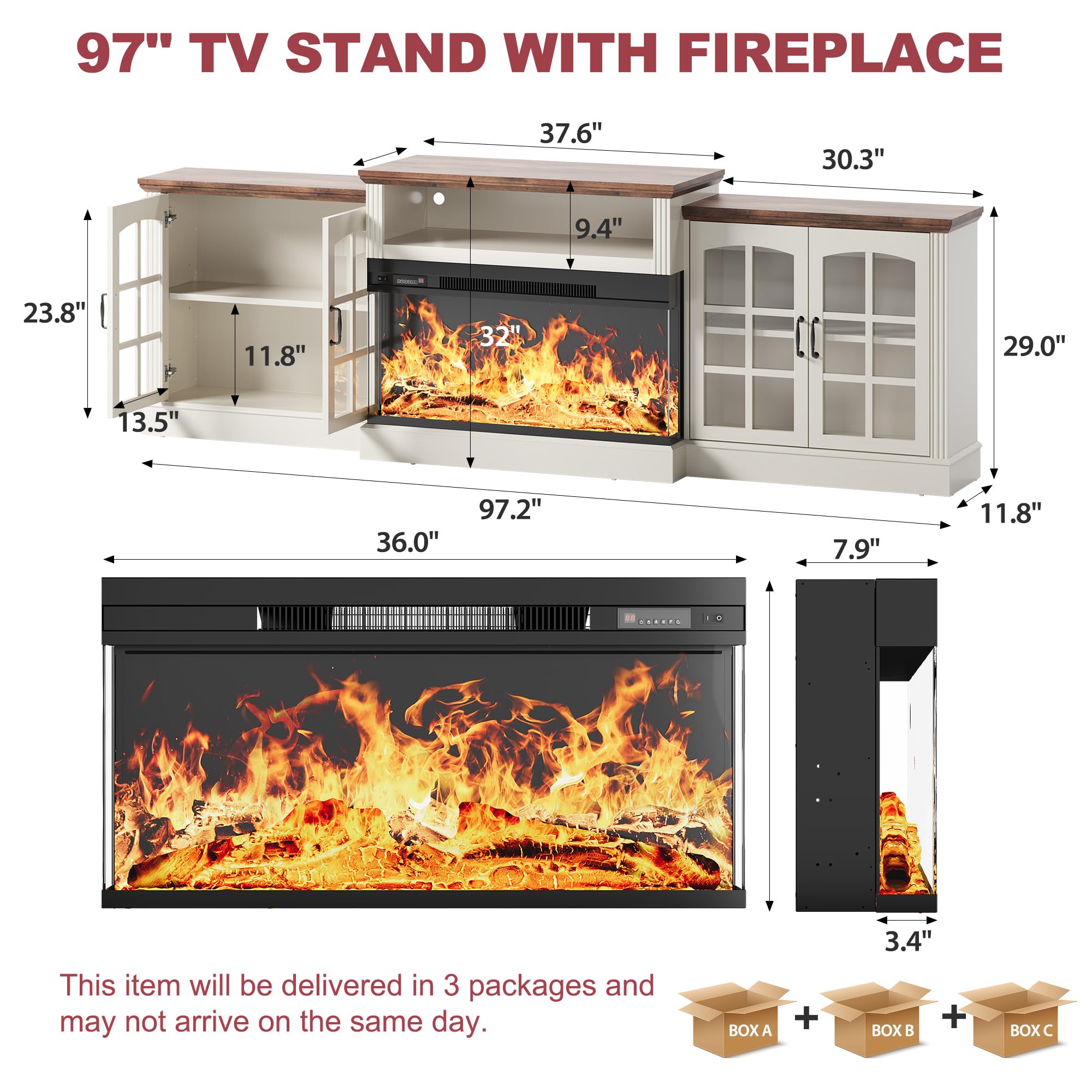 Farmhouse Fireplace TV Stand with 3-Sided Electric Fireplace