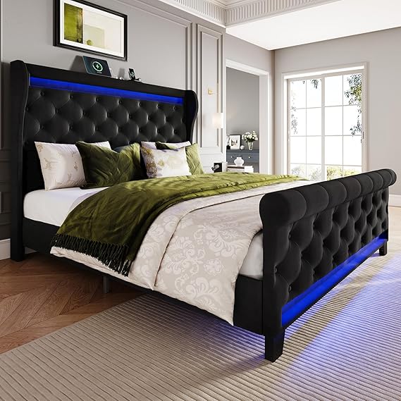 Upholstered Velvet Platform Bed Frame with LED Lights & Charging Ports