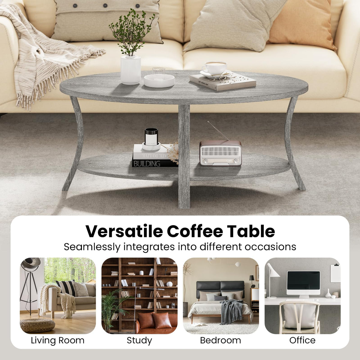 Gray Oval Coffee Table with Storage