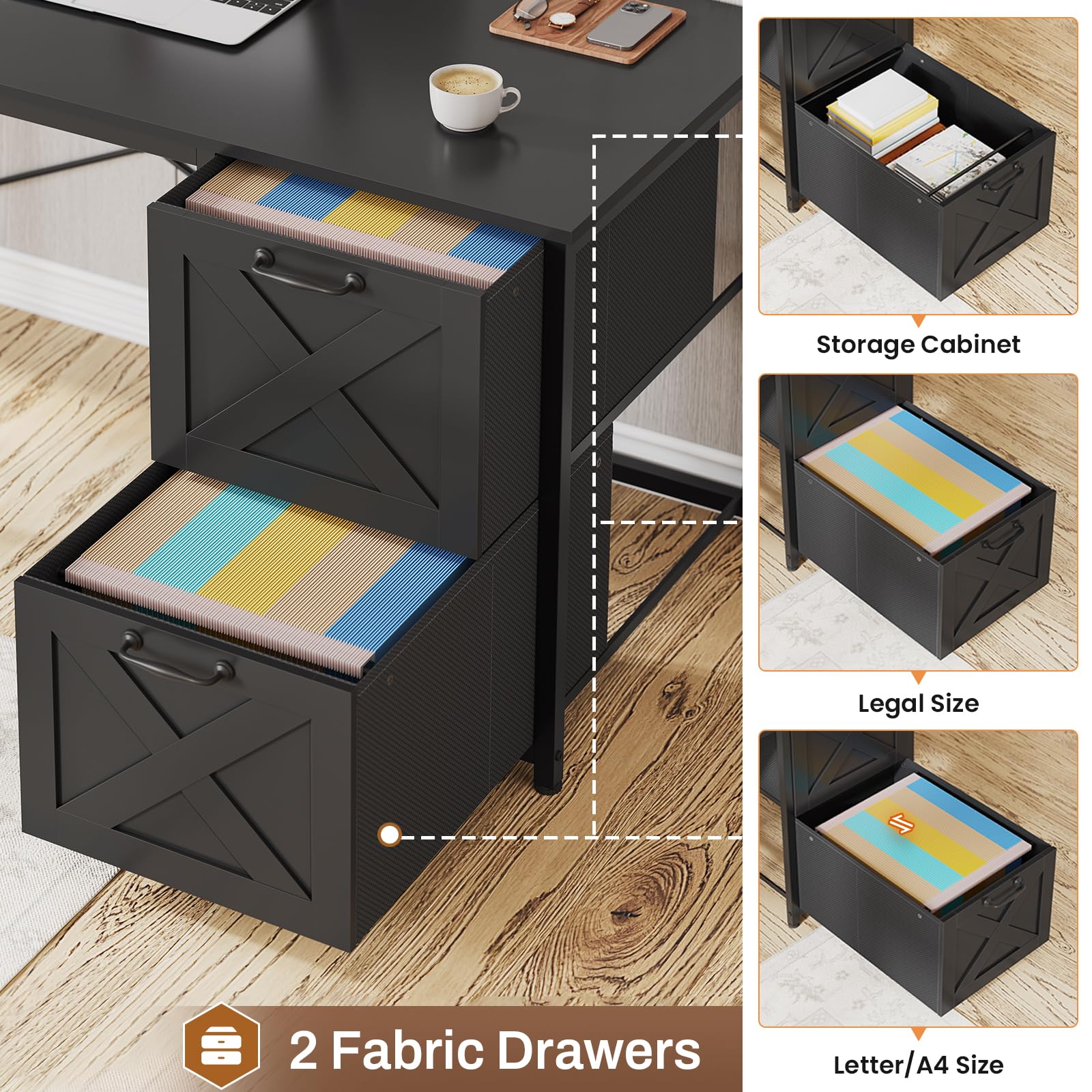 L-Shaped Corner Desk with Drawers, LED Lights & Power Outlet
