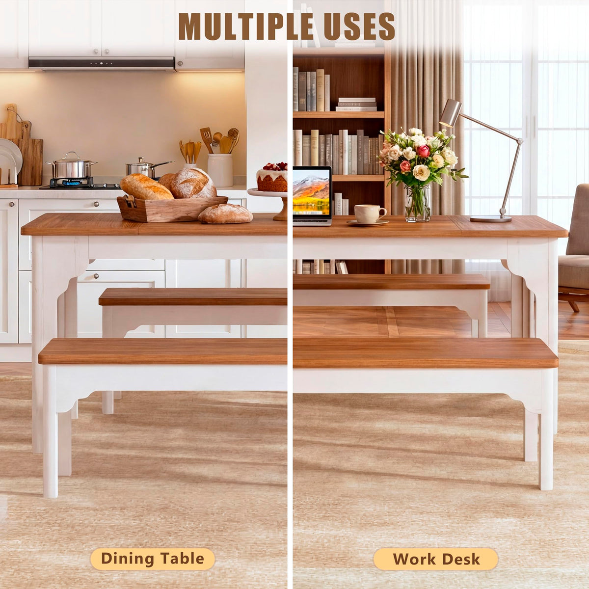 Farmhouse Dining Table Set with Benches
