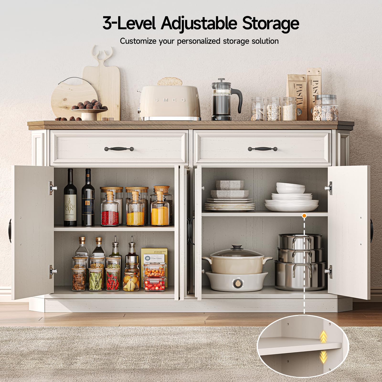 55" Sideboard Buffet Cabinet with Drawers & Adjustable Shelves