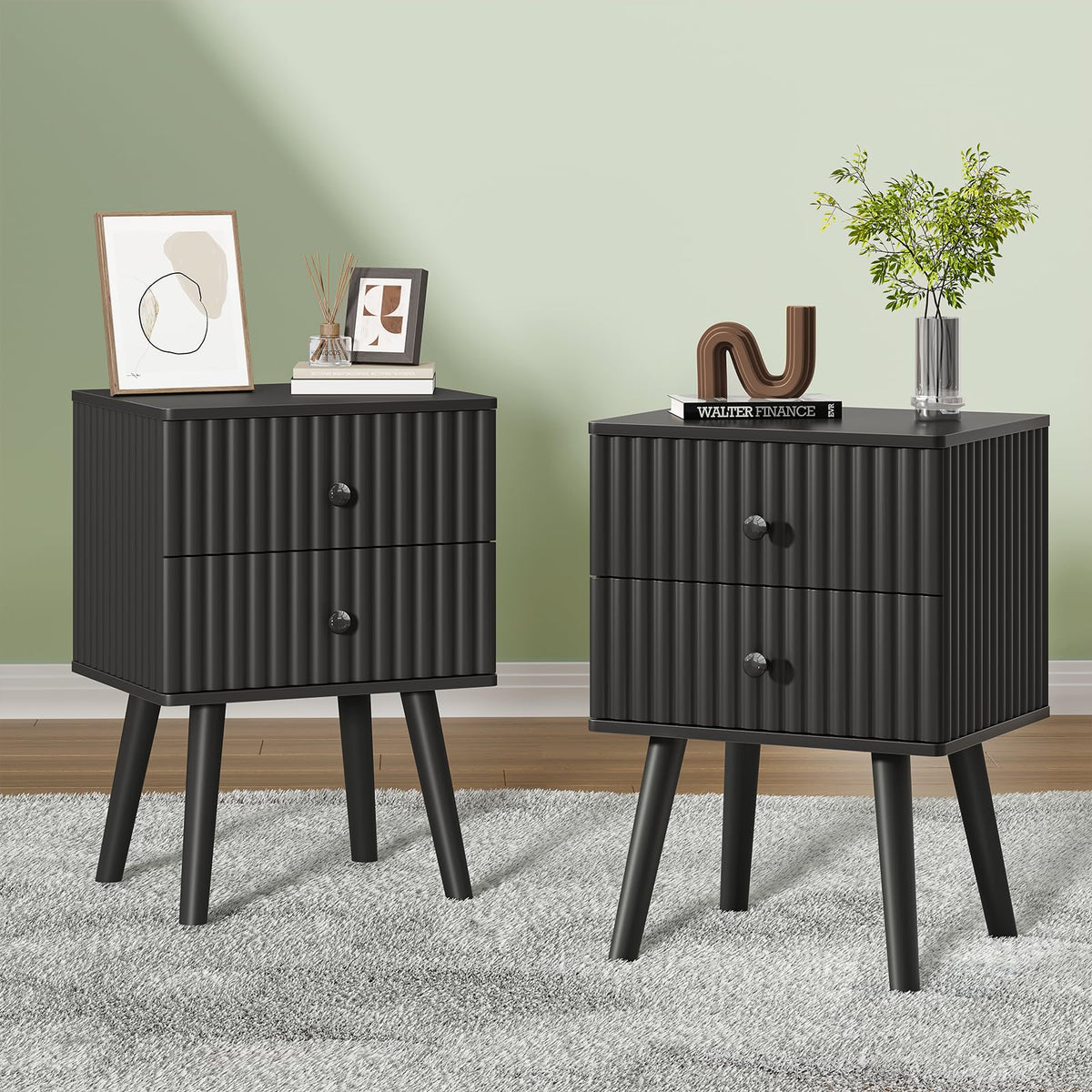 Gacfiew Wooden Nightstand with 2 Drawers, Fluted Night Stand Set of 2, Morden Side Table for Bedroom, Living Room and Small Space, Black