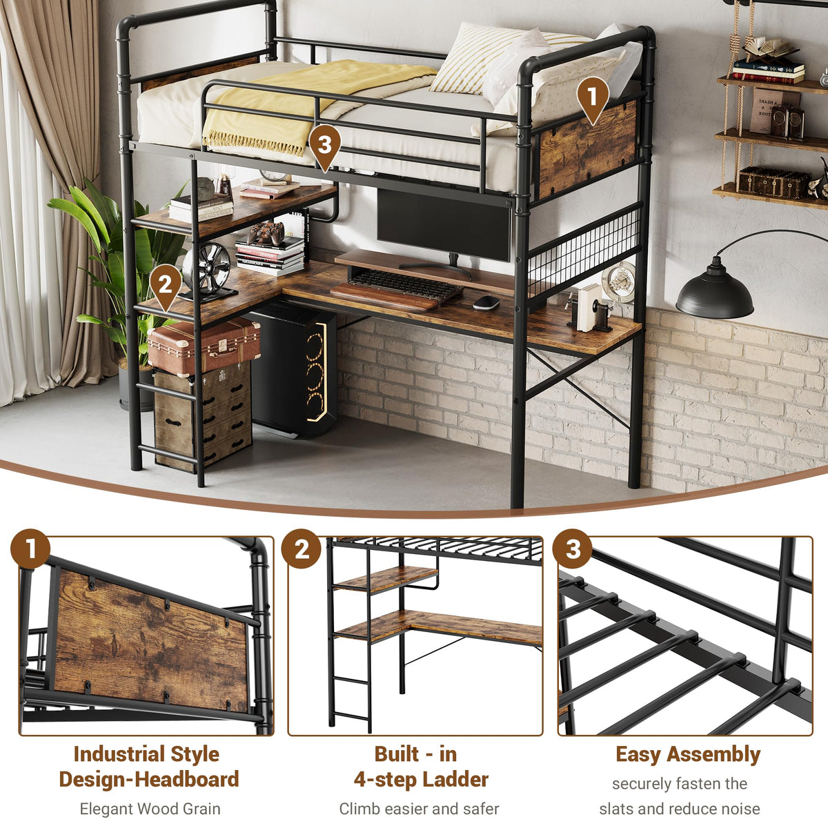 GarveeHome Loft Bunk Bed with L-Shaped Desk, Industrial Twin Loft Bed,Brown