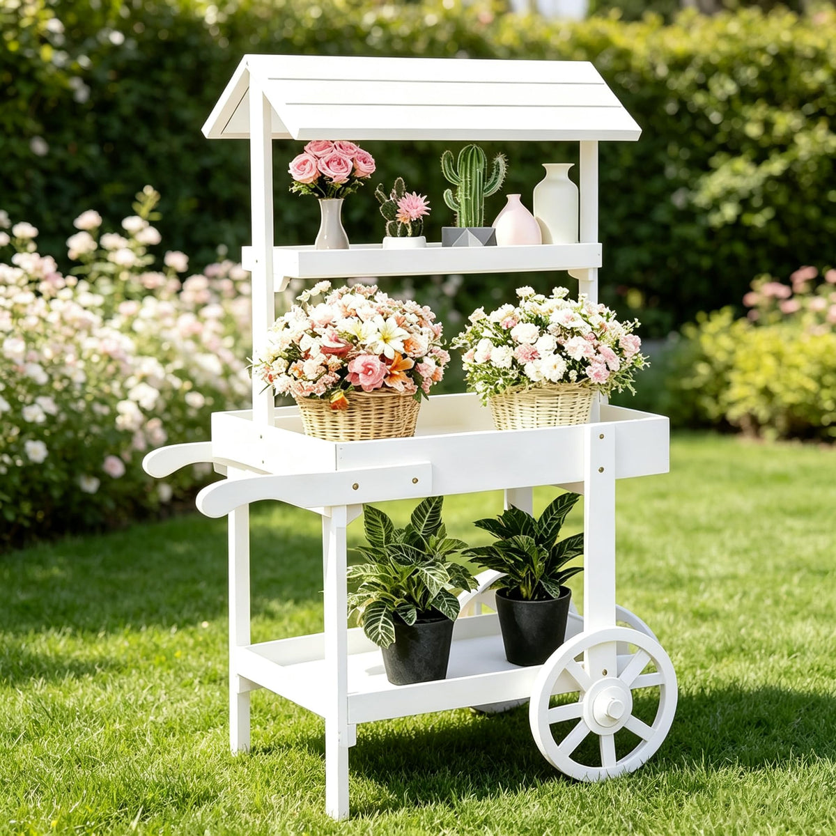 RUFXIEZW 49IN Flower Cart Display Stand, Wheels, Farm Stand Outdoor, White