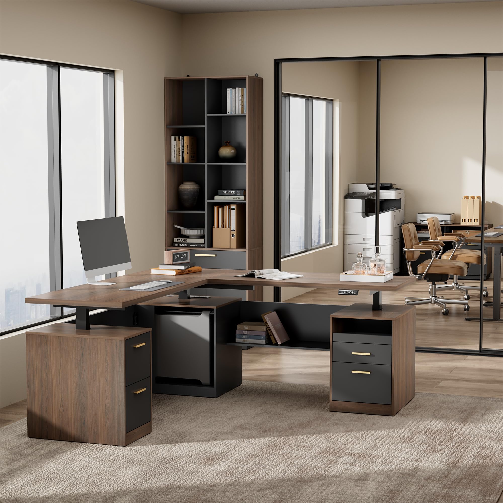 L-Shaped Electric Standing Desk with Drawers & Privacy Panel
