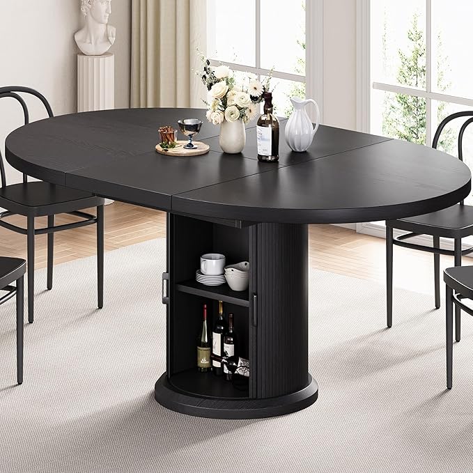 Extendable Round Dining Table 47"-63" with 2-Tier Storage Shelf