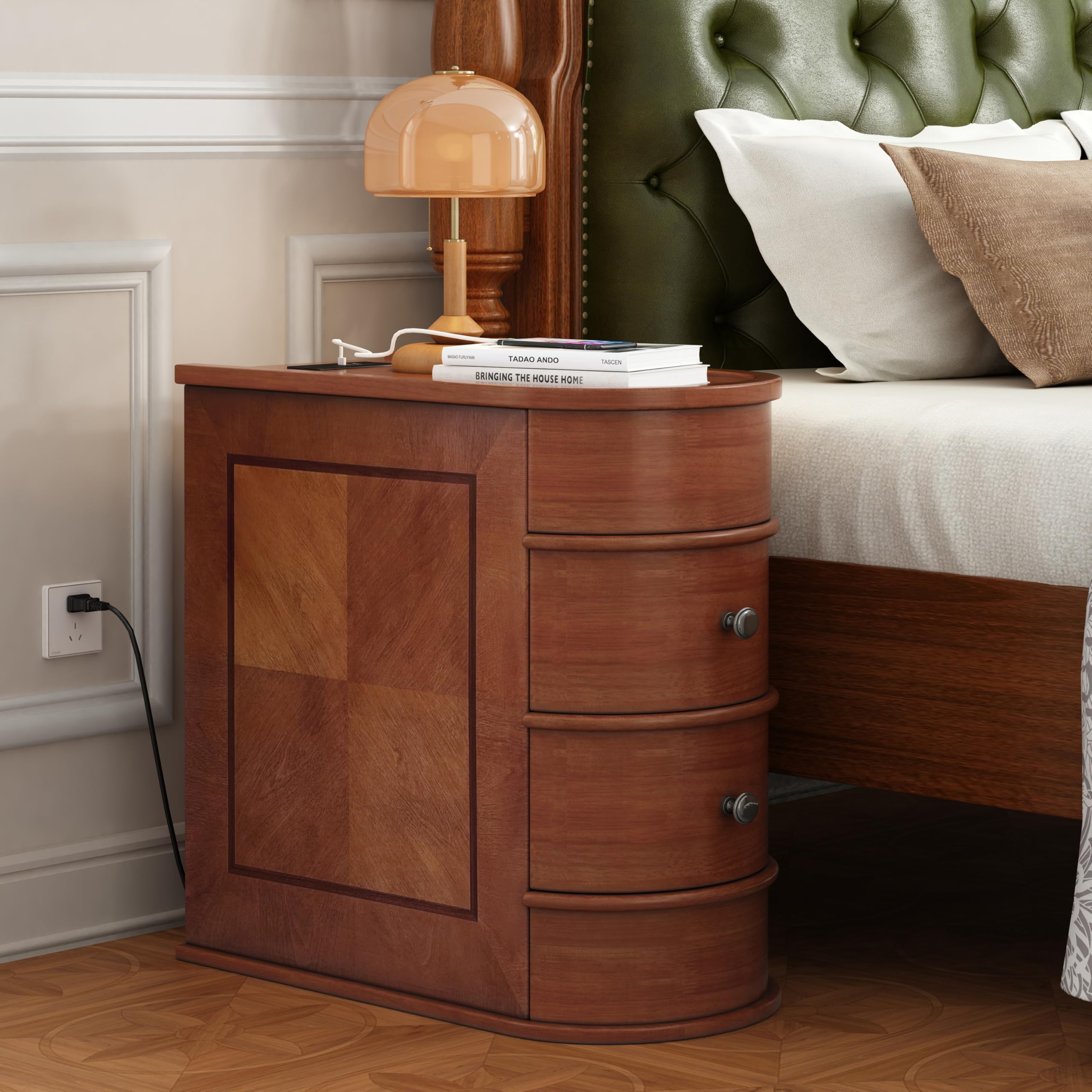 FAVSH Narrow End Table with Charging Station, Vintage Slim Sofa Side Table & Nightstand with 2 Drawers, Compact Wood Storage for Living Room Bedroom Small Spaces, Fully Assembled, Brown