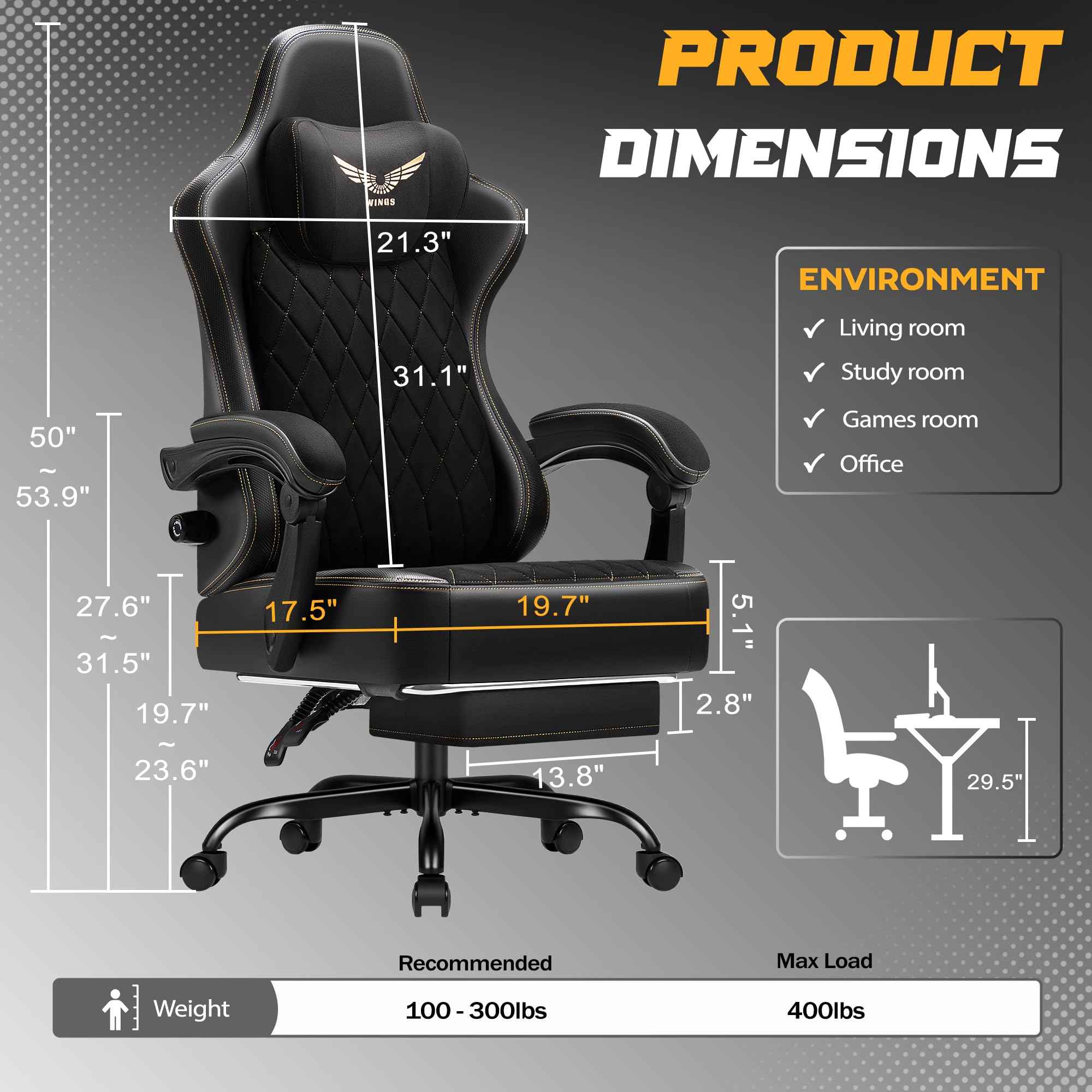 Big & Tall Wingless Gaming Chair with Lumbar Support & Footrest