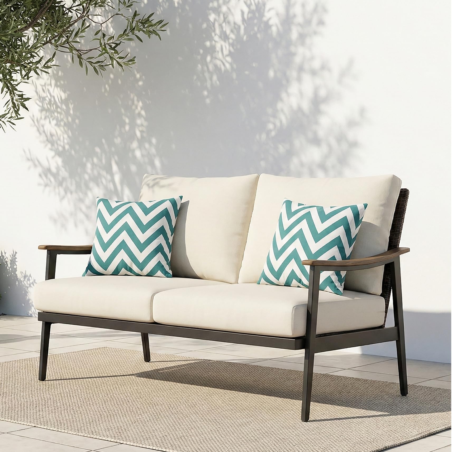 Patio Loveseat Sofa with Wicker Backrest & 6" Cushion
