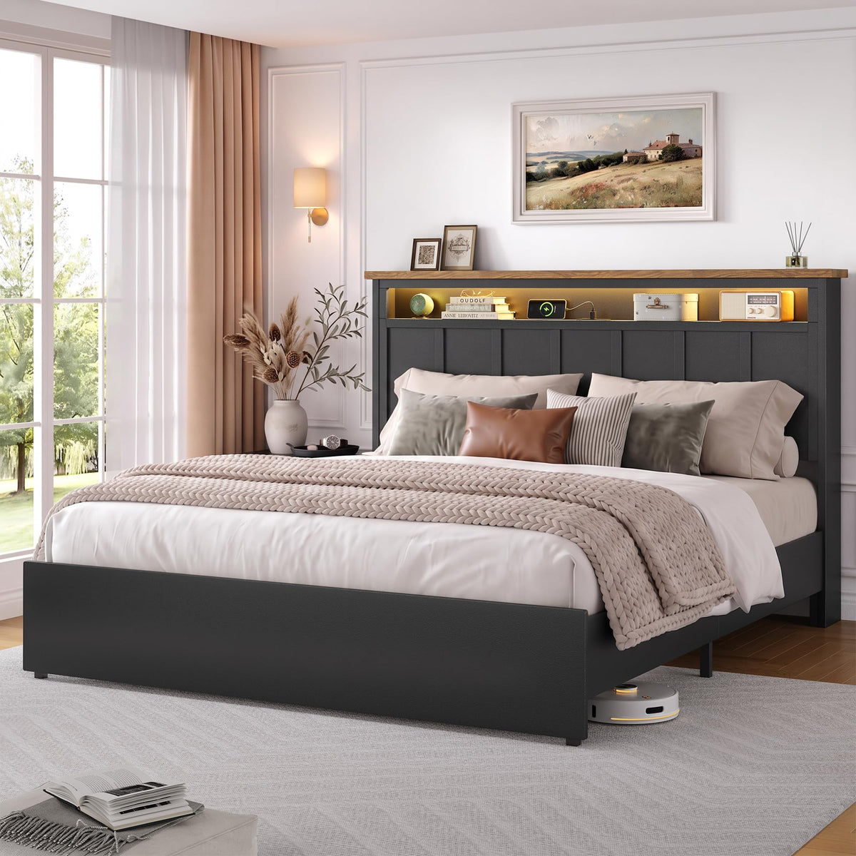 Glirun Queen Bed Frame with 2-Tier Storage Headboard, Black