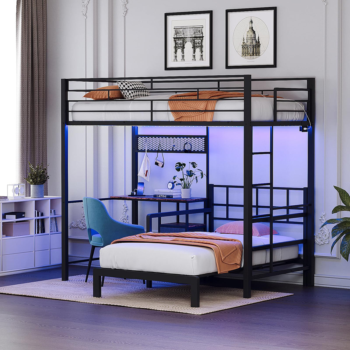 VINGLI Twin Over Twin Bunk Bed with Desk, 15'' Extra High Guardrail Loft Bed with LED Lights,2 Charging Station,and 2 Storage Drawers,2 Deckers Bed,Metal Space Saving Platform Bed with Vanity,Black