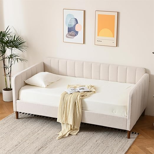 Twin Upholstered Daybed with Adjustable Backrest & Wood Slats