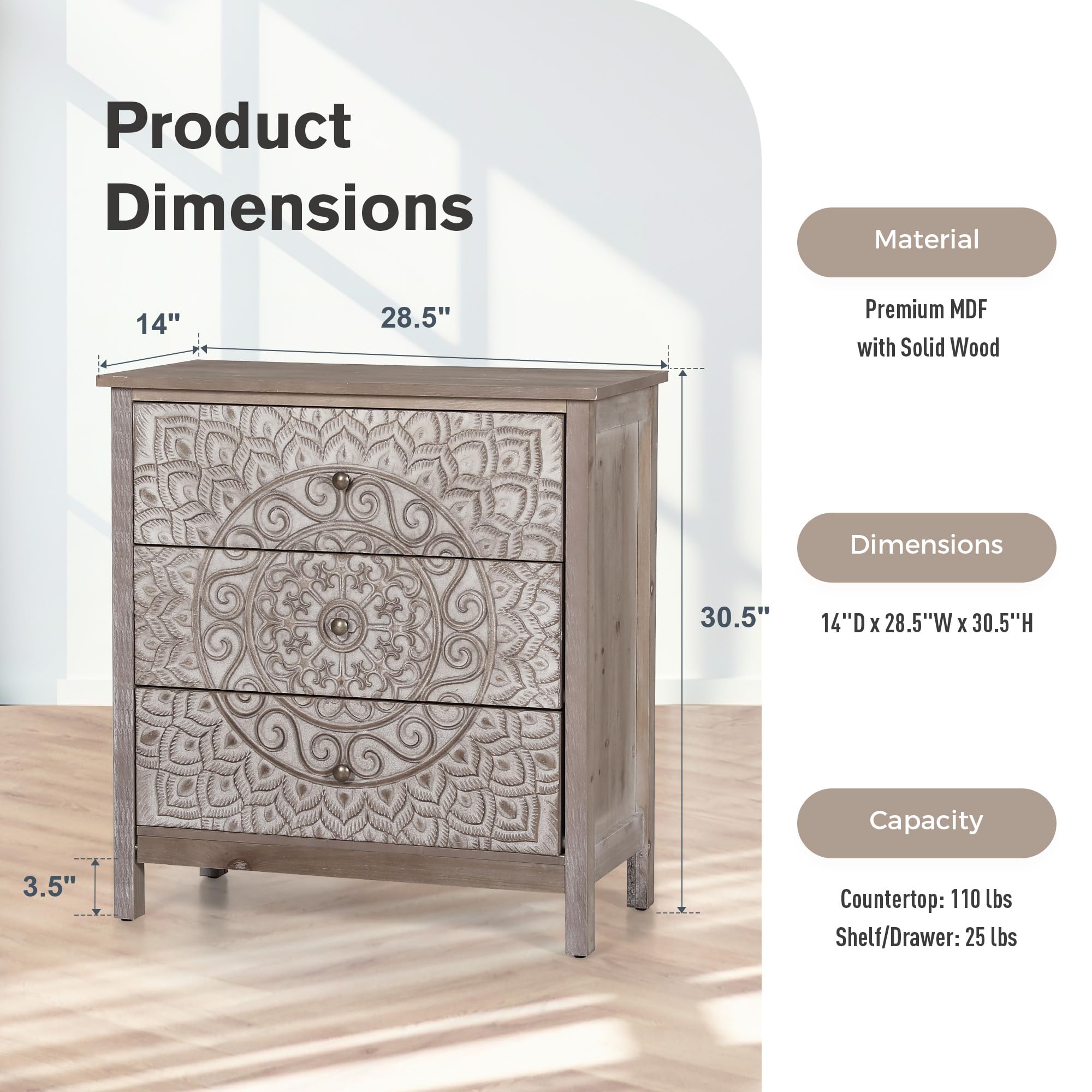 PHI VILLA Accent Cabinet with Drawers - Chest of Drawers Farmhouse Rustic Cabinet with 3 Drawers Entryway Storage Chest