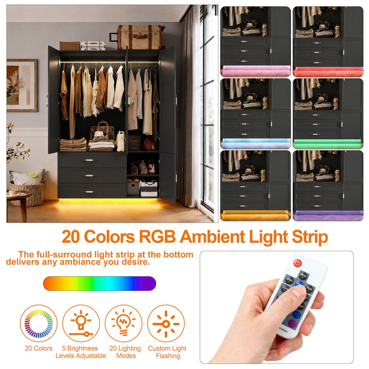 AXCIGOC 72" Armoire Wardrobe Closet with 3 Door Wooden Bedroom Armoire with LED Light 3 Drawers Large Modern Wardrobe Cabinet with Retro Ceramic Door Handles and Removable Hanging Rod Black