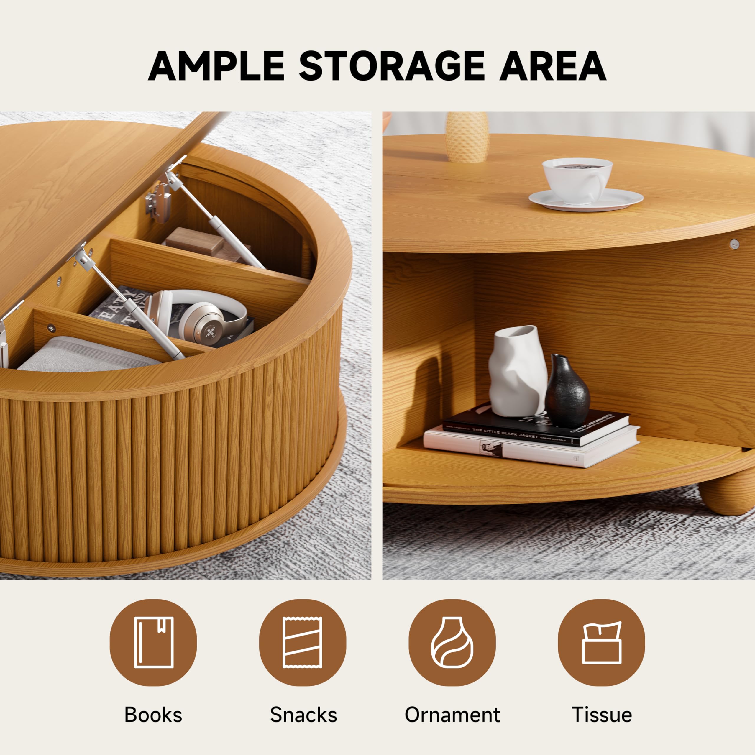 DHH Fluted Round Coffee Tables,31.5" Mid Century Modern Circle Drum Table with Storage, Accent Coffee Table with Sliding Cabinet Door for Living Room Small Space (Yellow Oak)