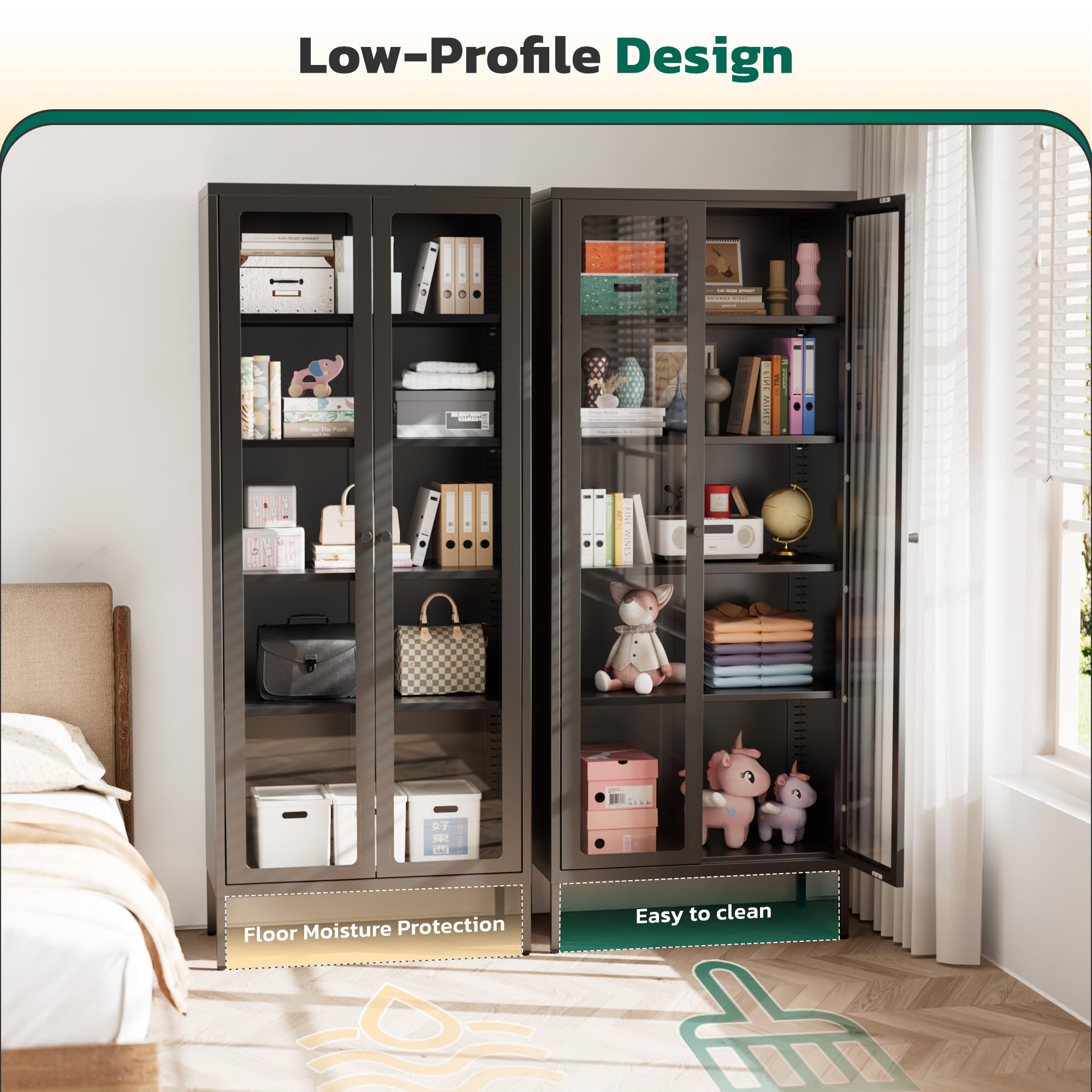 Greenvelly Metal Glass Display Cabinet with 5-Tier Storage Shelves, Tall Curio Cabinet with Glass Doors and Shelves, Black Steel Cabinet Collectibles Display Case for Home Office, Living Room, Pantry