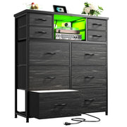 Romorgniz Dresser for Bedroom with 10 Drawers Featuring LED Light and Power Outlet, Fabric Dressers & Chest of Drawers with Open Shelves for Hallway, Living Room, Metal Frame,Wood Top,Grain Black