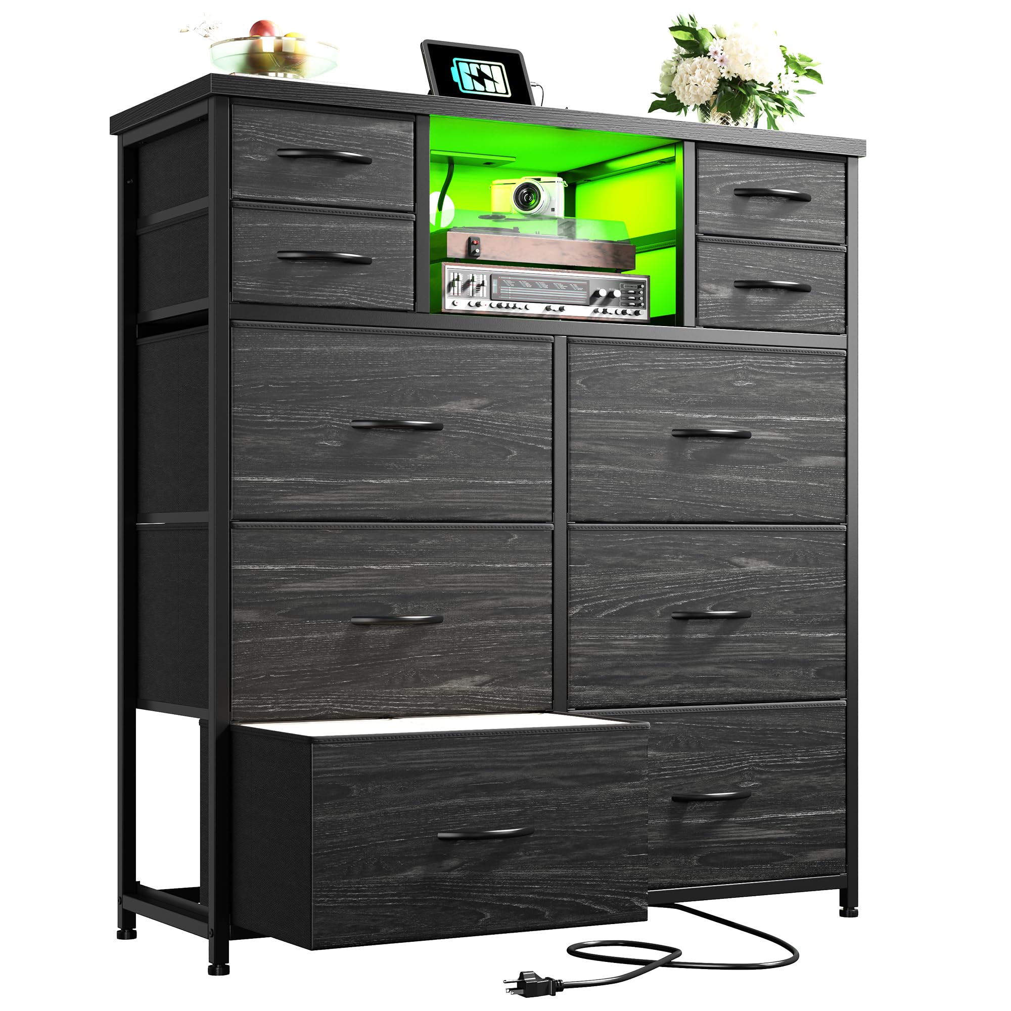 Romorgniz Dresser for Bedroom with 10 Drawers Featuring LED Light and Power Outlet, Fabric Dressers & Chest of Drawers with Open Shelves for Hallway, Living Room, Metal Frame,Wood Top,Grain Black