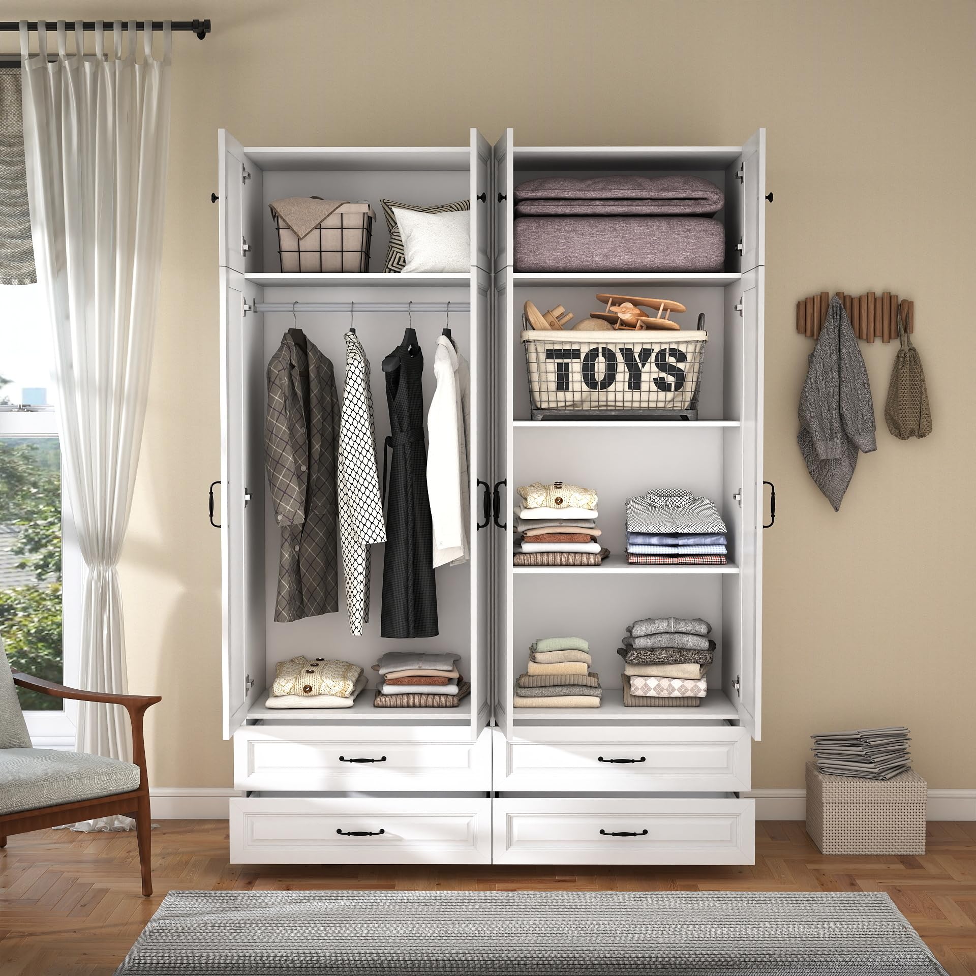 Tall Armoire Wardrobe Closet with 4 Drawers & Top Cabinet
