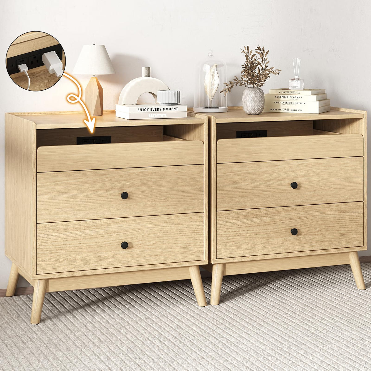 24" Wide Nightstand Set of 2, Hidden Charging Station, 2 Drawers Night Stand with Pull-Out Shelf, Modern Beside End Table for Bedroom, Living Room, Closet, Natural Wood