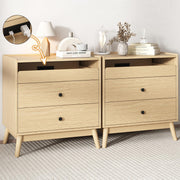 24" Wide Nightstand Set of 2, Hidden Charging Station, 2 Drawers Night Stand with Pull-Out Shelf, Modern Beside End Table for Bedroom, Living Room, Closet, Natural Wood