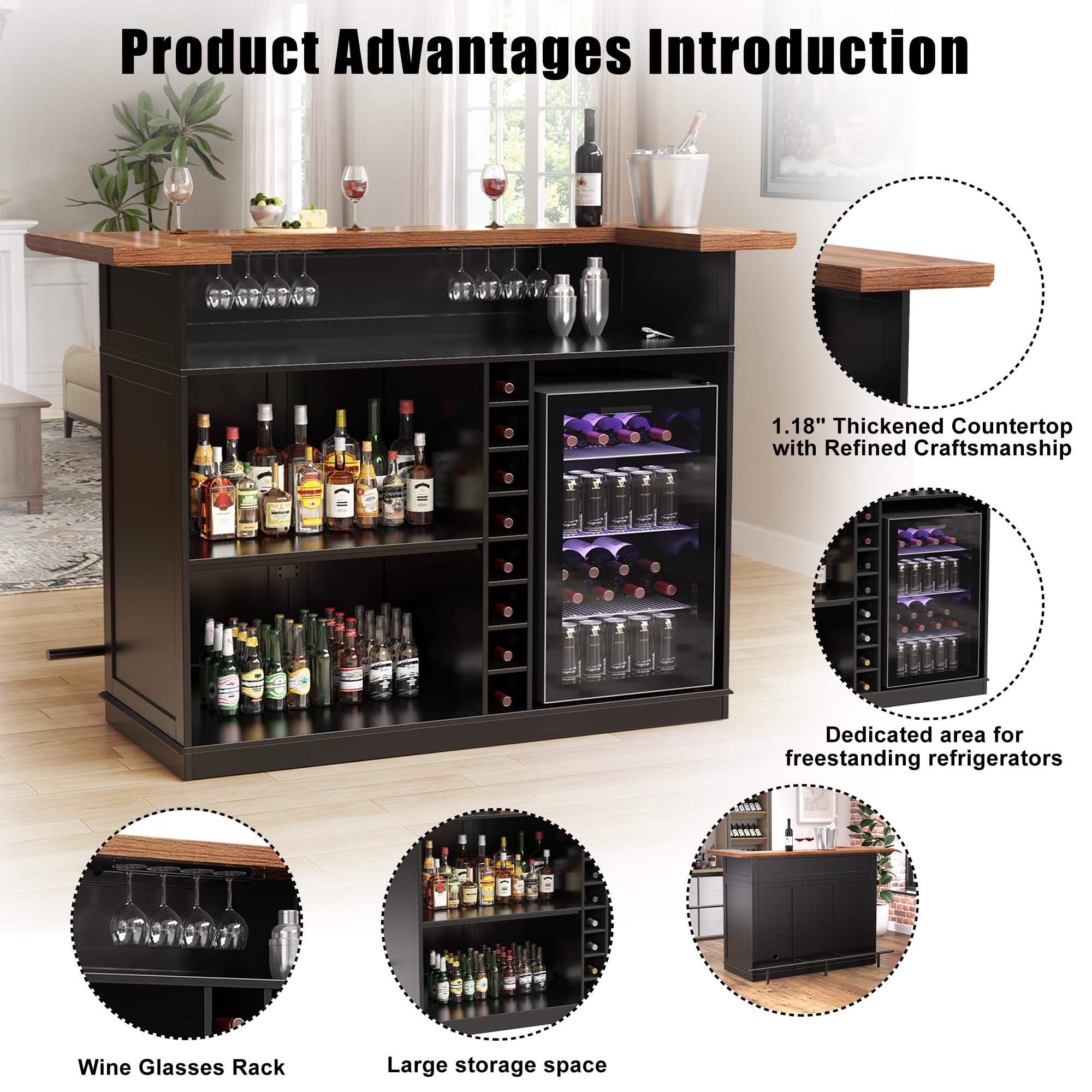 GDLF Home Bar Unit with Fridge Space, U-Shape Liquor Wine Cabinet, 63.1" Mini Bar Table with Storage for Basement or Living Room