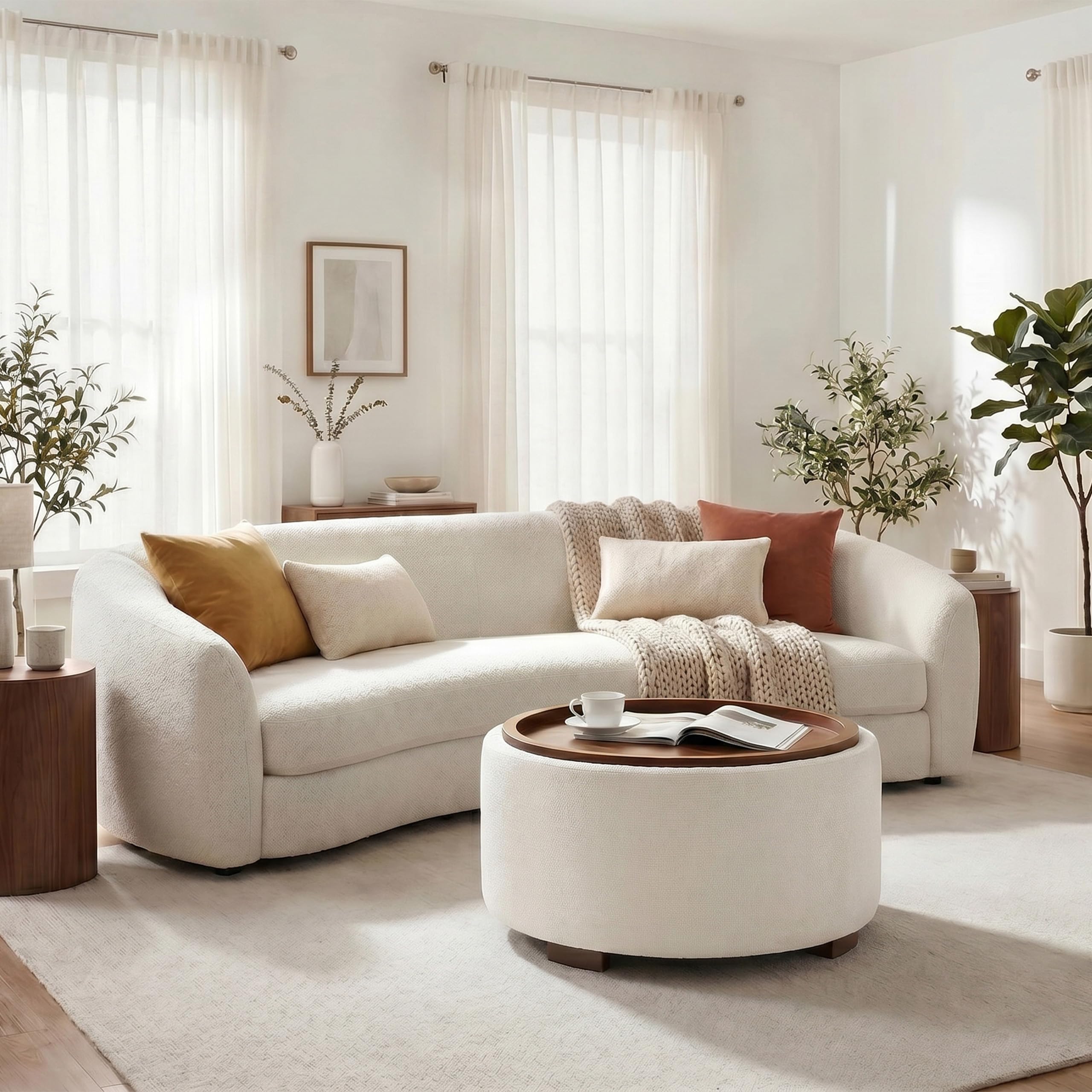 Huatean Home 29.1 Inch Round Coffee Table, Storage Ottoman with Removable Lid Top and Solid Wood Legs, Round Ottoman with Storage for Living Room, Bedroom, Corners, Entryway, Boucle Ottoman, Beige