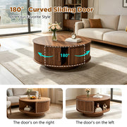 Round Lift Top Coffee Table, Mid Century Modern Fluted Circle Coffee Table with Hidden Storage Compartment, Wooden Center Table with Open Shelf for Living Room, Small Space, Walnut