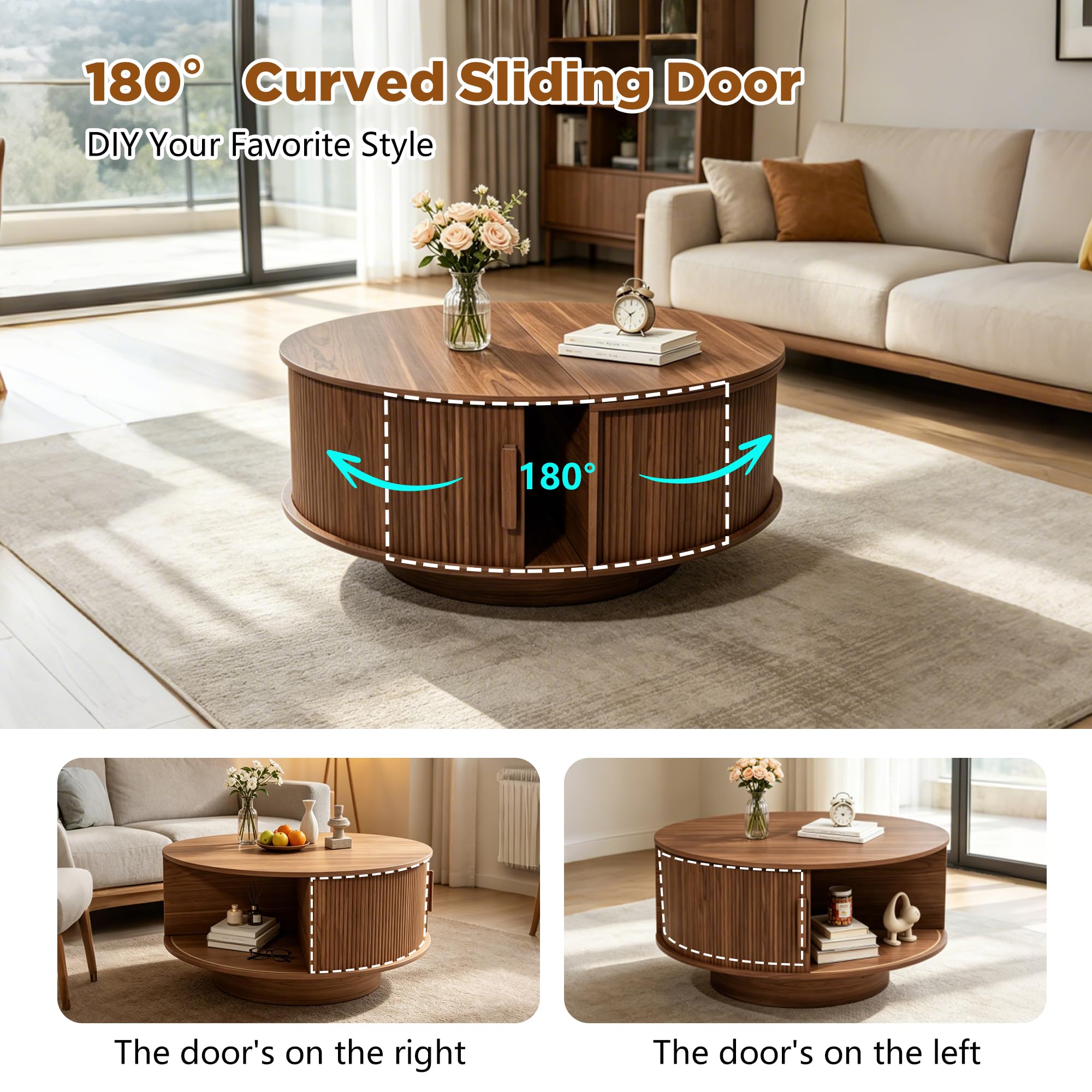 Round Lift Top Coffee Table, Mid Century Modern Fluted Circle Coffee Table with Hidden Storage Compartment, Wooden Center Table with Open Shelf for Living Room, Small Space, Walnut