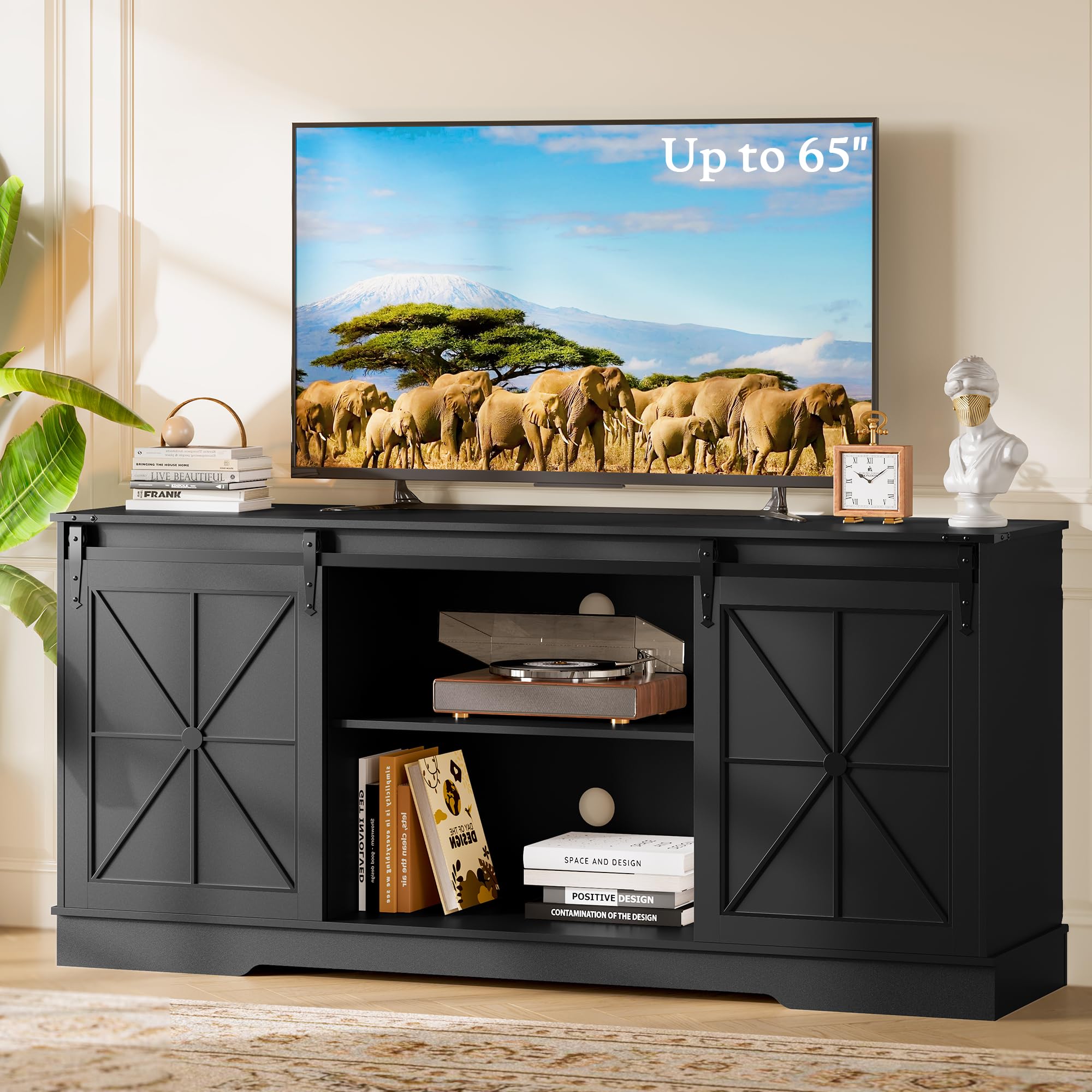yesasin Farmhouse TV Stand for 55 60 65 Inch TV, Entertainment Center with Storage & Sliding Barn Doors, Easy Assembly, Modern Mid Century Media TV Console Table for Living Room, Bedroom Black