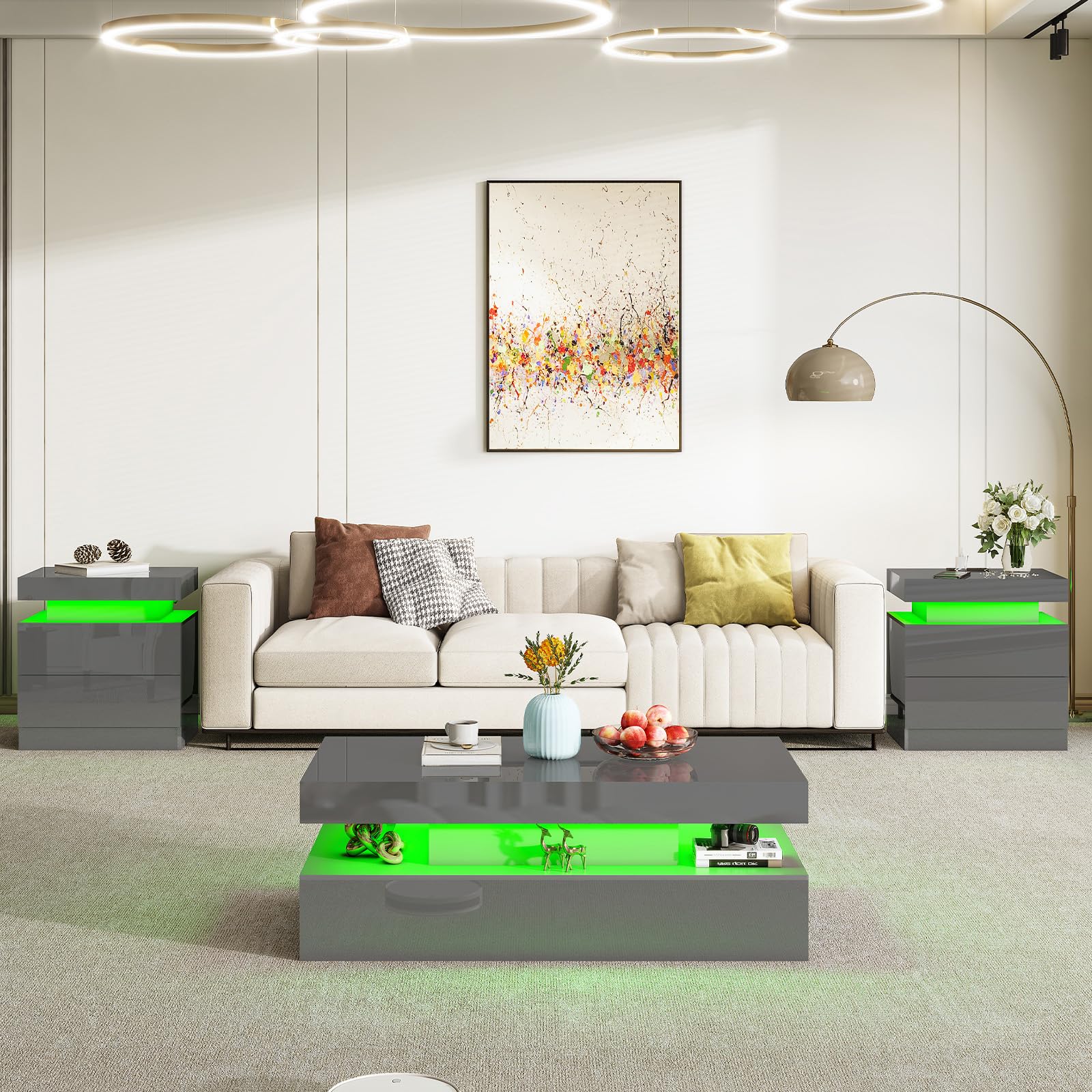 AMERLIFE High Gloss 2-Tier LED Coffee Table, 40" Modern Center Table with LED Lights, Open Storage Space, Minimalism Rectangular Sofa Side Table for Living Room, Gray