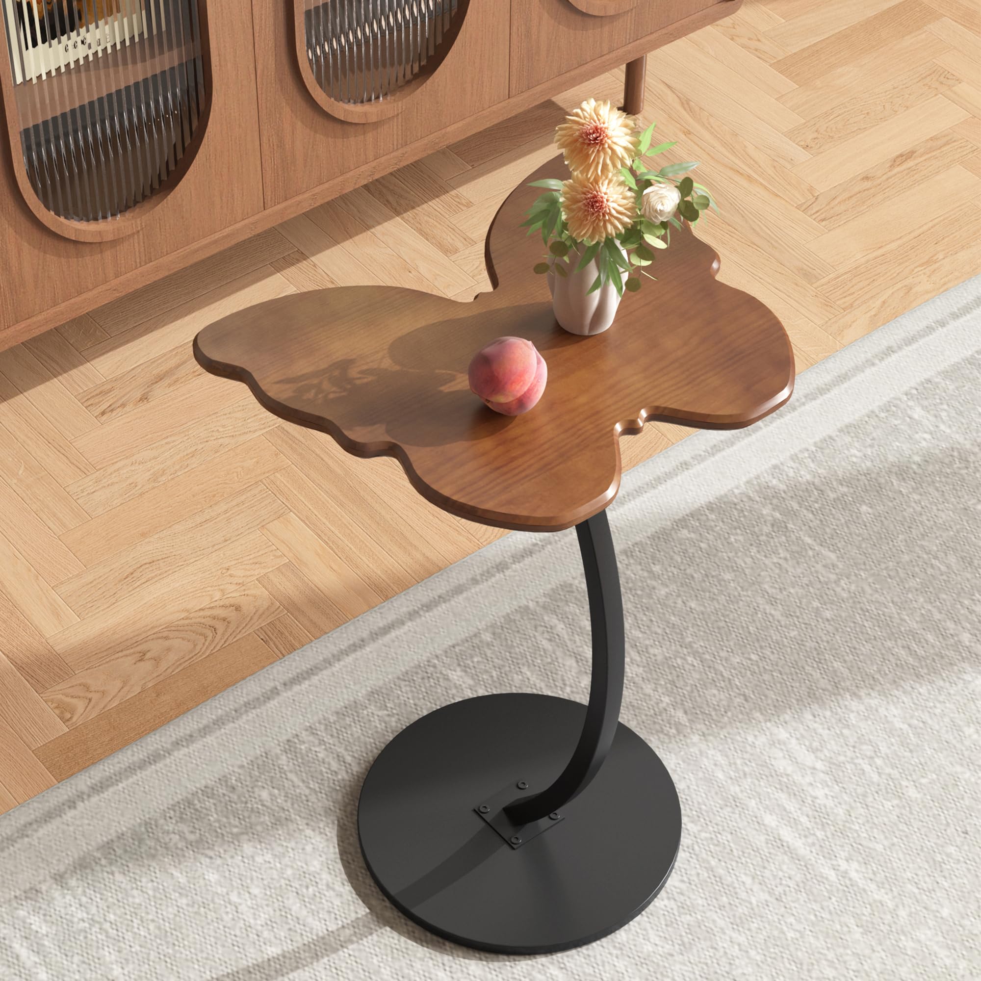 WFSRESTD Butterfly End Table, Solid Pine Wood Side Table with Black Metal C-Shaped Base, Rustic Accent Table for Living Room Bedroom, Walnut Finish, Easy Assembly