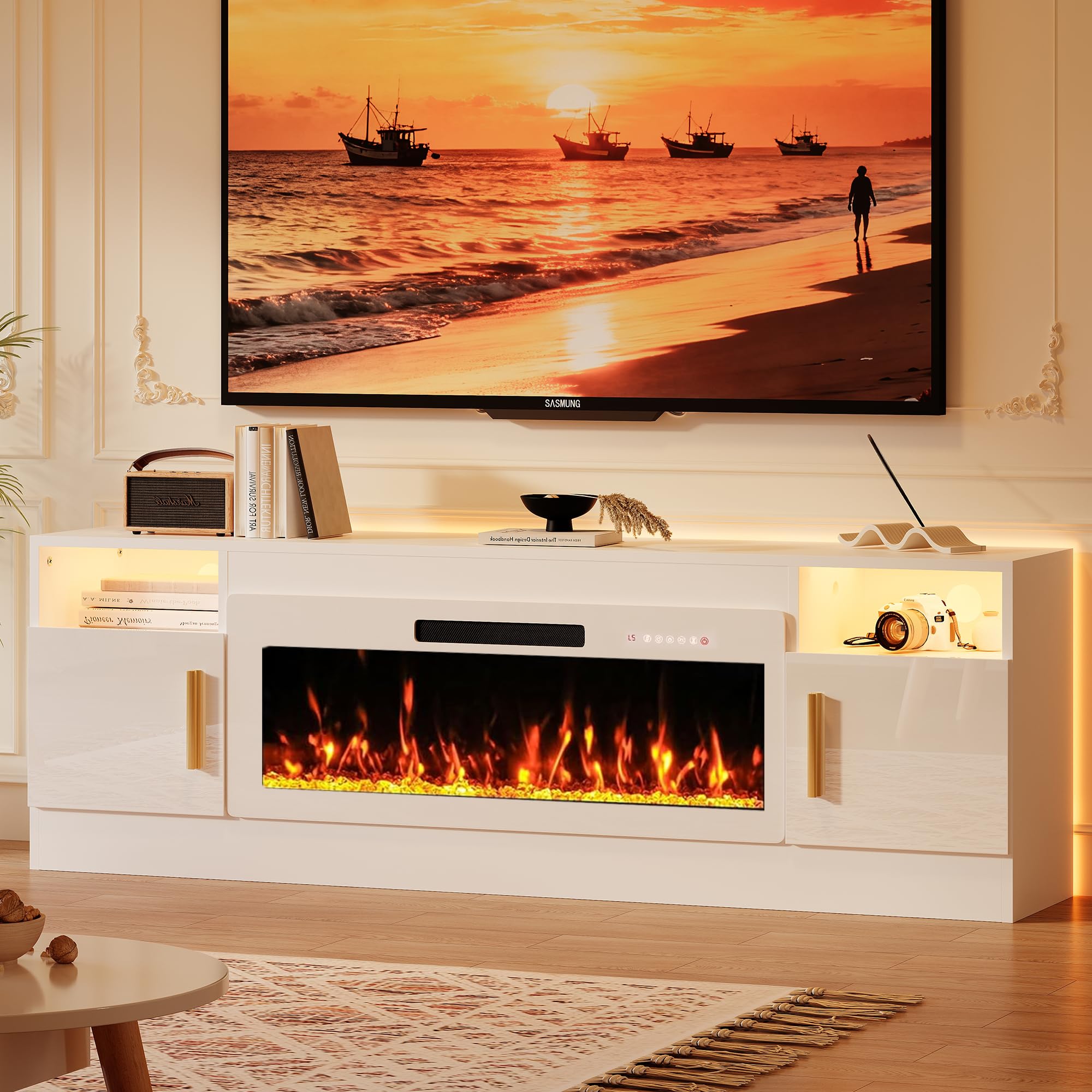 KENAINALU Fireplace TV Stand with 40’’ Electric Fireplace, 70'' TV Media Entertainment Center with Fireplace Up to 80 inch,Modern LED TV Console with High Gloss Cabinet for Living Room