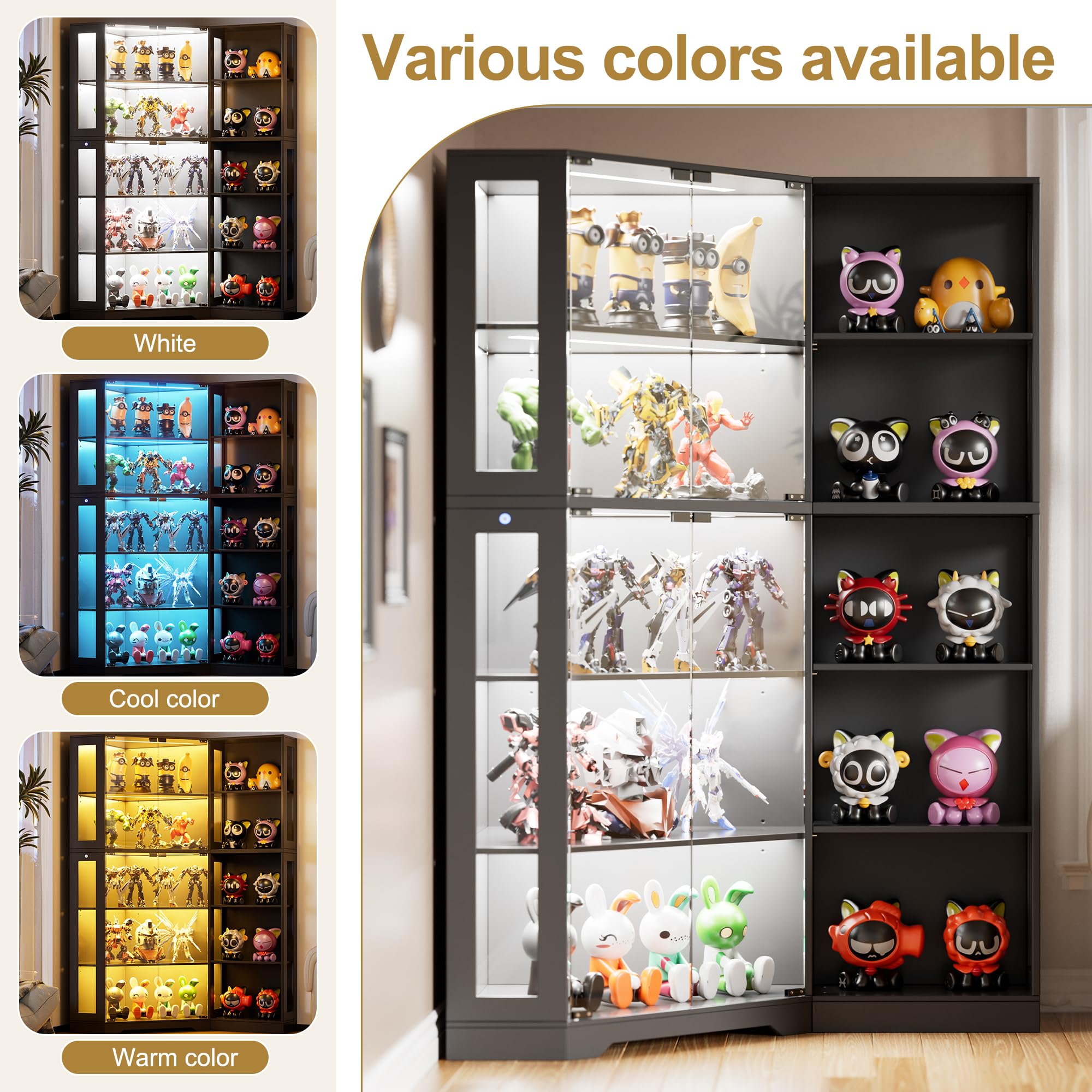PAKASEPT Corner Display Curio Cabinet with Glass Doors, Glass Display Case with LED Lights for Collectibles,Display Storage Shelves for Living Room,Black