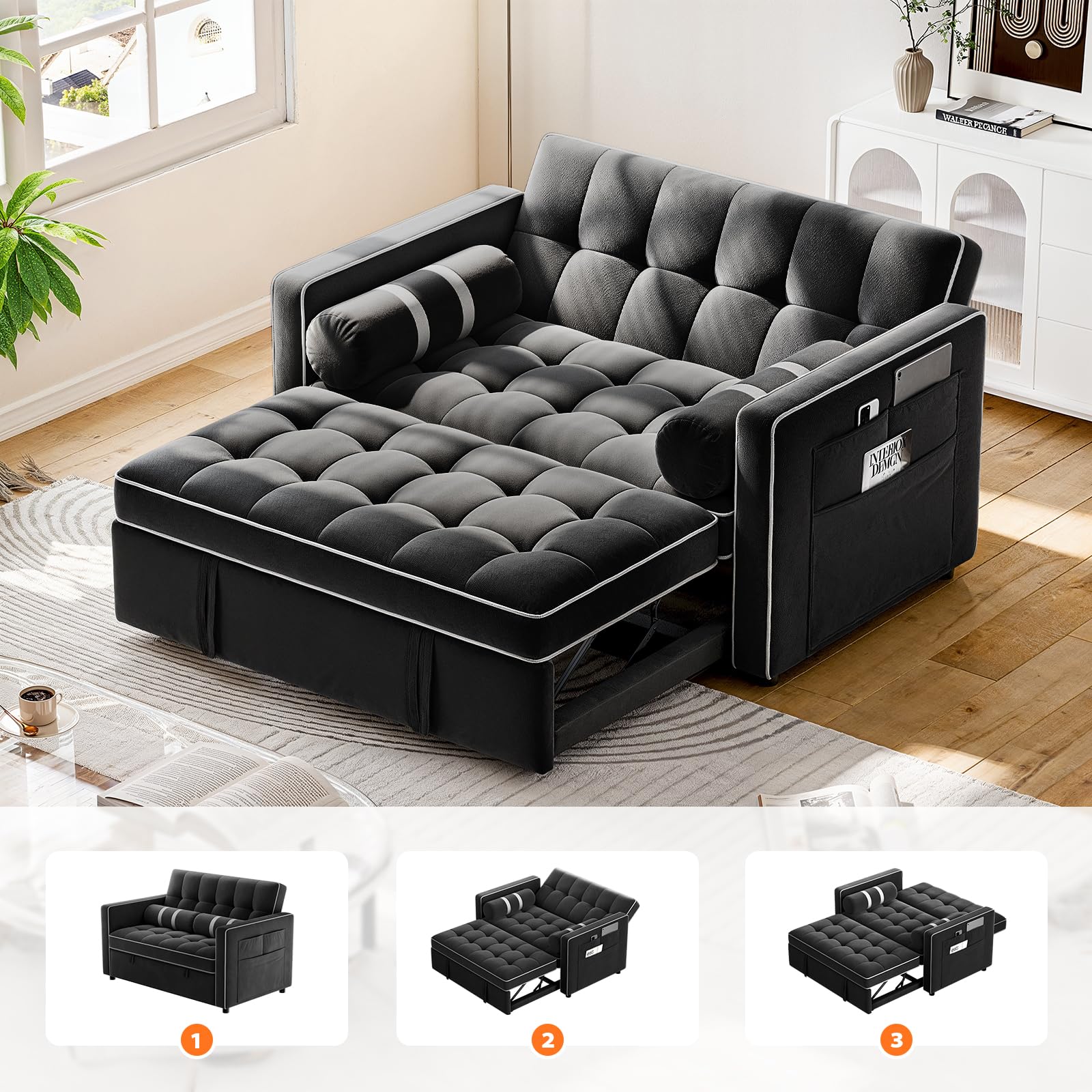 3-in-1 Convertible Sleeper Sofa Bed with USB Ports