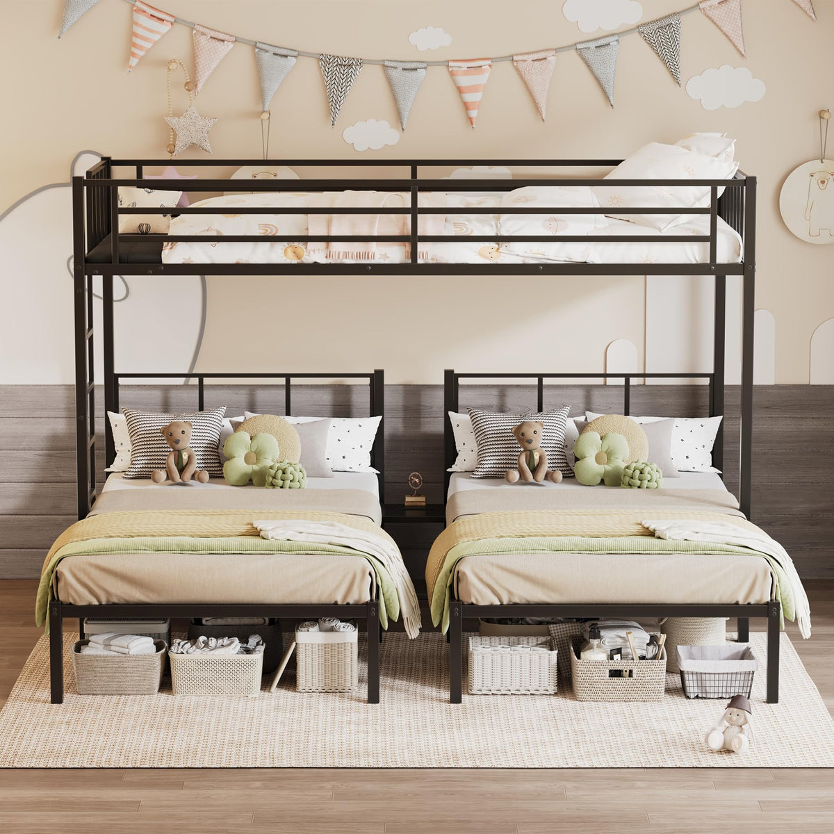 Metal Triple Bunk Bed with Charging Station