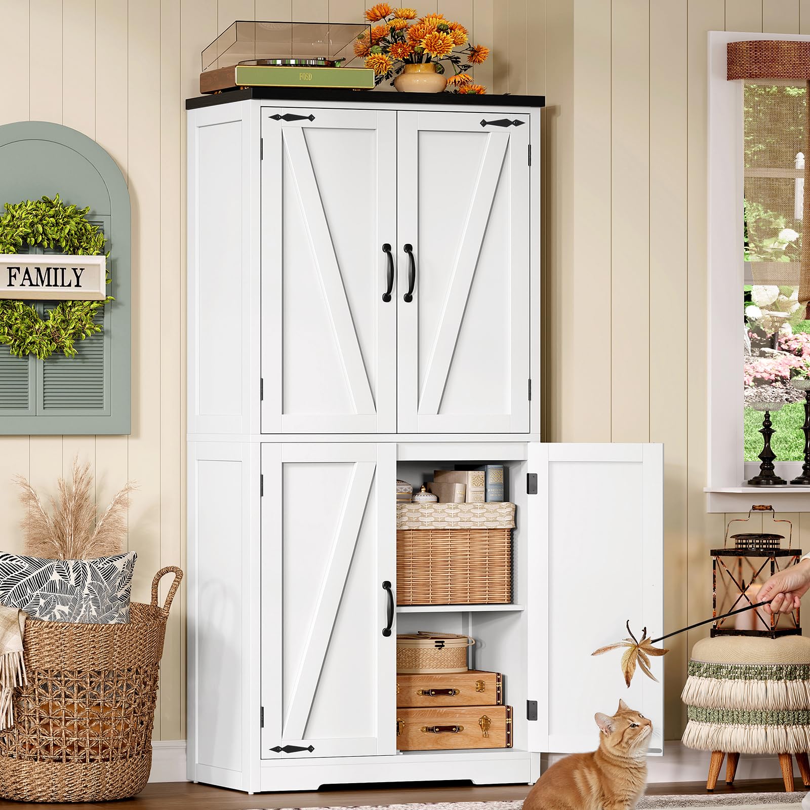 TEENFON 58" H Storage Cabinet with Adjustable Shelf, Farmhouse Kitchen Pantry Cabinet, Bathroom Cabinet with 4 Doors, Cupboard for Kitchen, Bathroom, Living Room, White