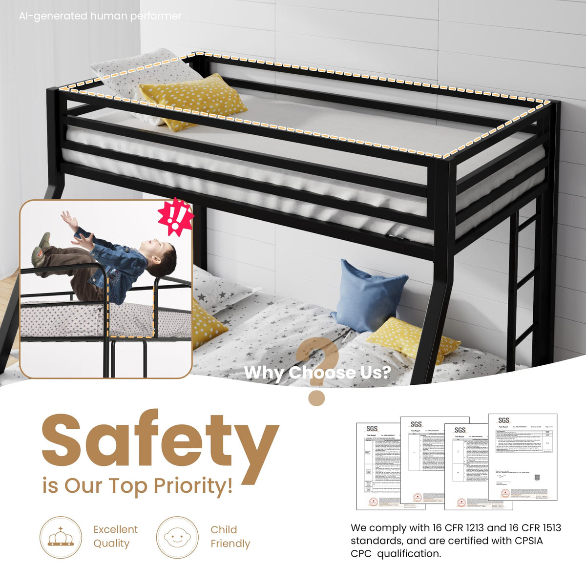 SHA CERLIN Bunk Bed Twin Over Full Size with Ladder and Guardrail,Black