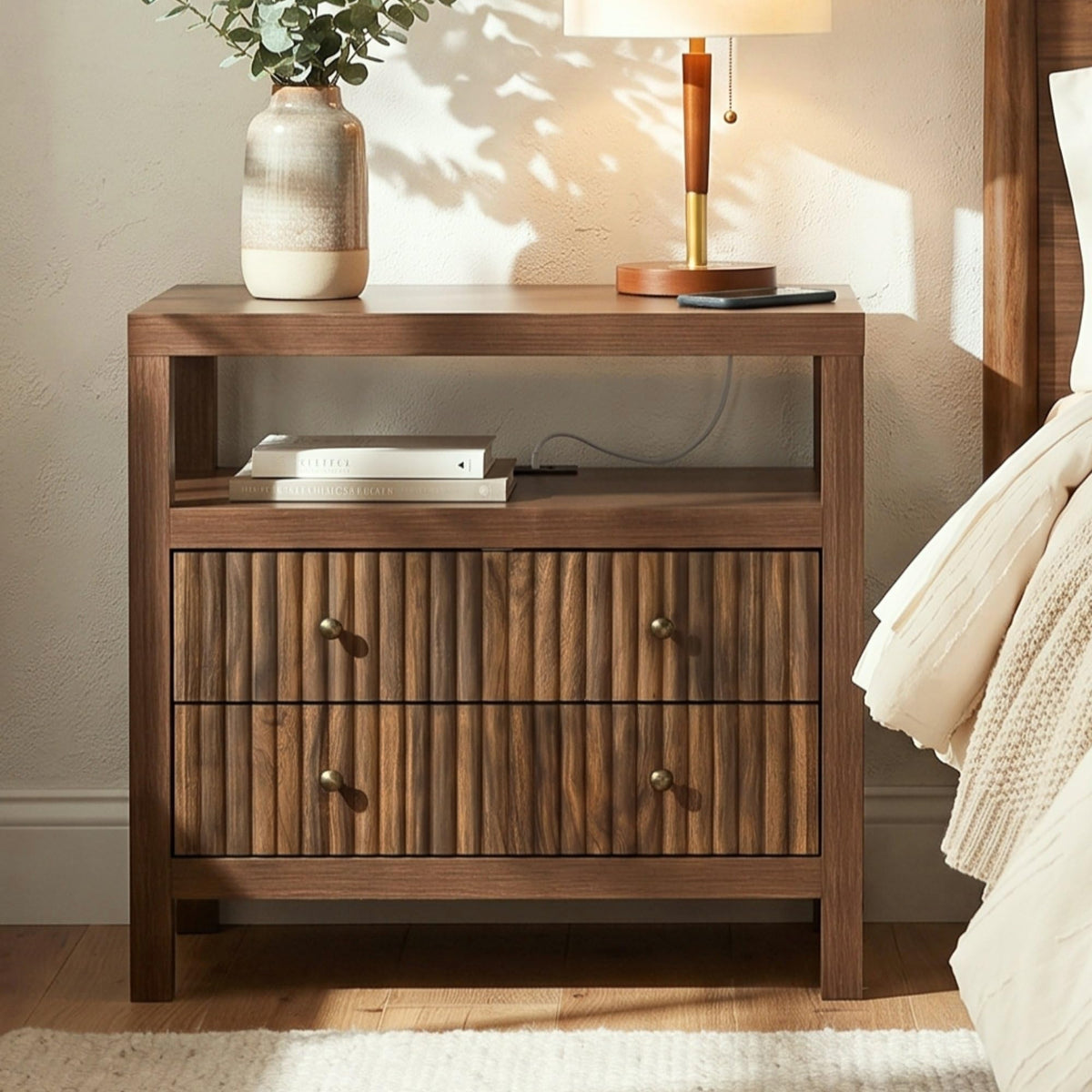 AURELIA LEVEAUX 26" Wide Dark Walnut Fluted Charging Nightstands Set of 2