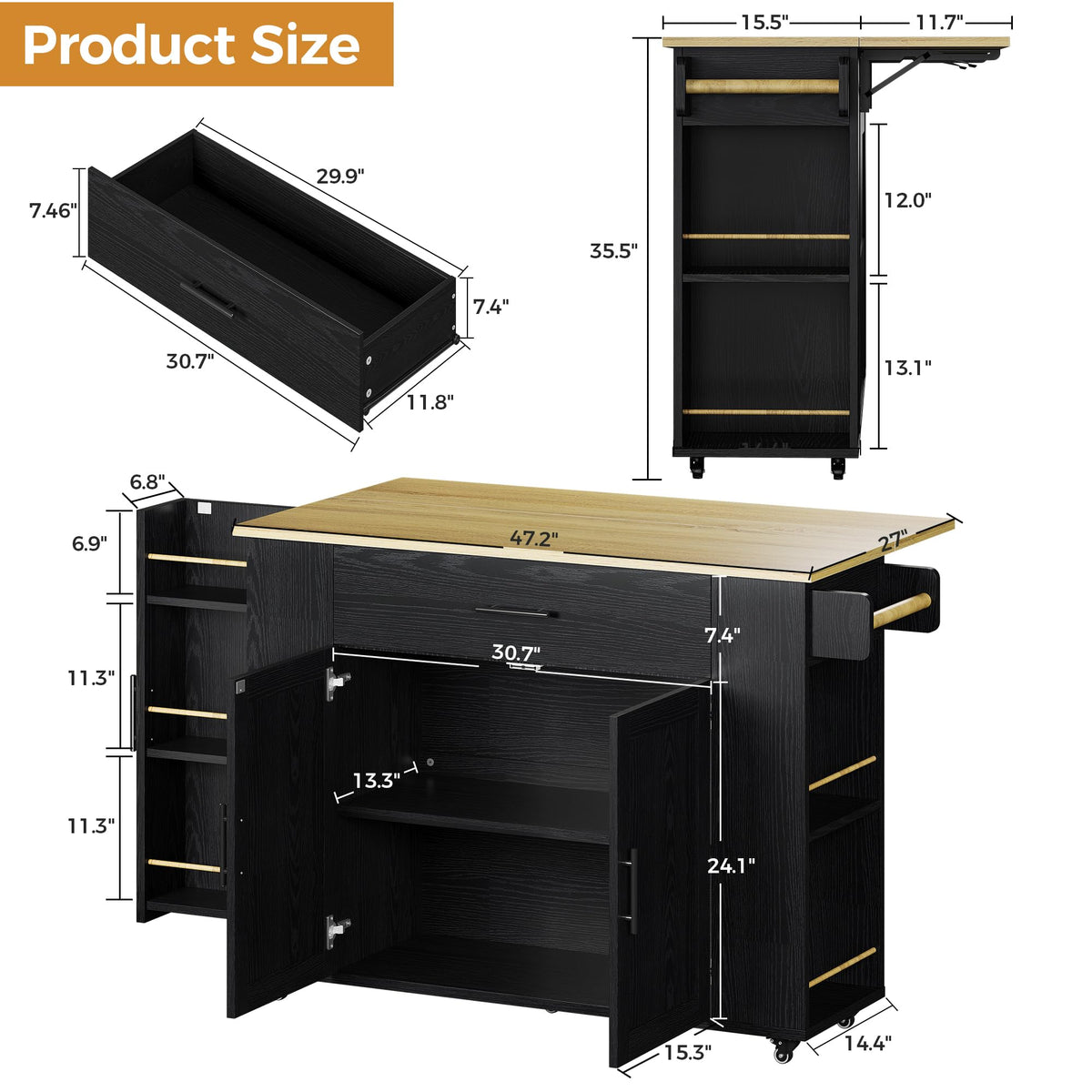 IRONCK Kitchen Island with Storage, 47.2" Rolling Cart with Drop Leaf