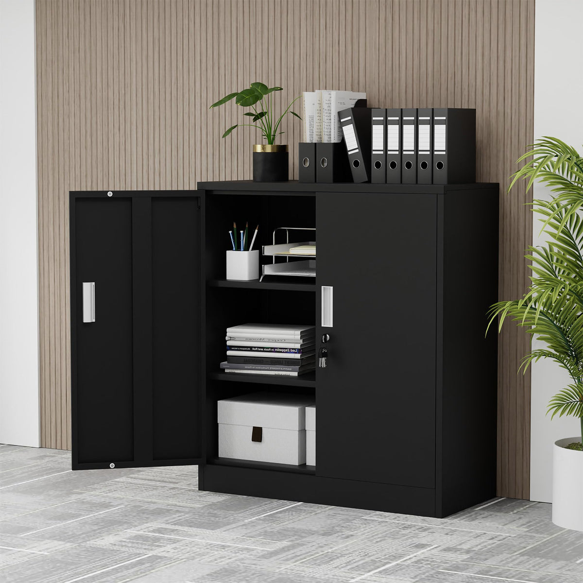 iJINGUR Metal Storage Cabinet with Locking Doors, 36.22" H, Black
