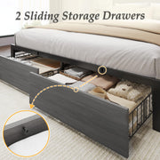 Lifezone Queen Bed Frame with 2-Tier Storage Headboard, Bedroom Metal Bed Frame with 2 Storage Drawers & Fast-Charging Station & LED, Noise-Free, No Box Spring Needed, Easy Assembly, Rustic Grey