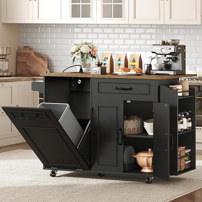 Kitchen Island with Power Outlet & Drop Leaf