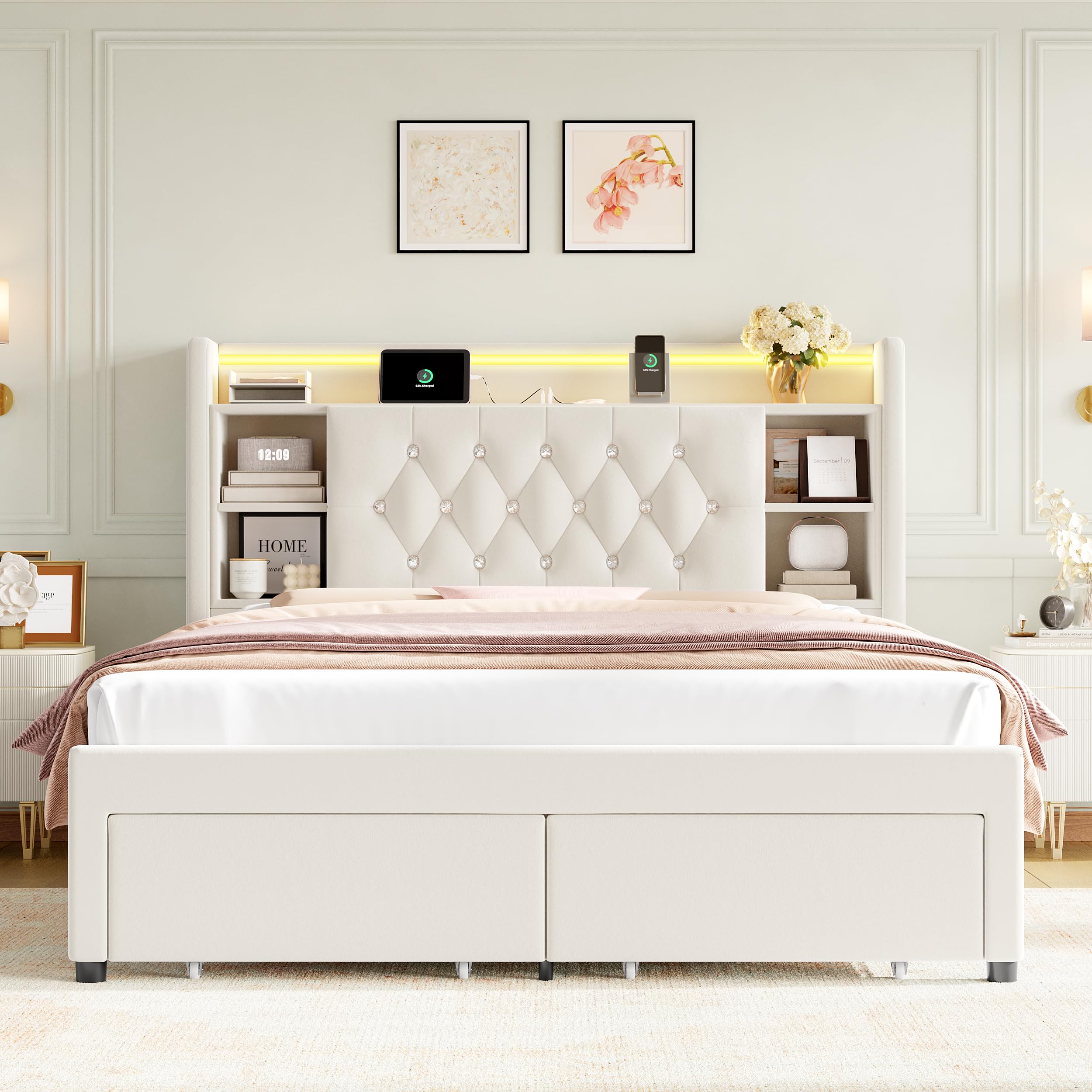 Upholstered Platform Bed with LED Headboard & Storage Drawers
